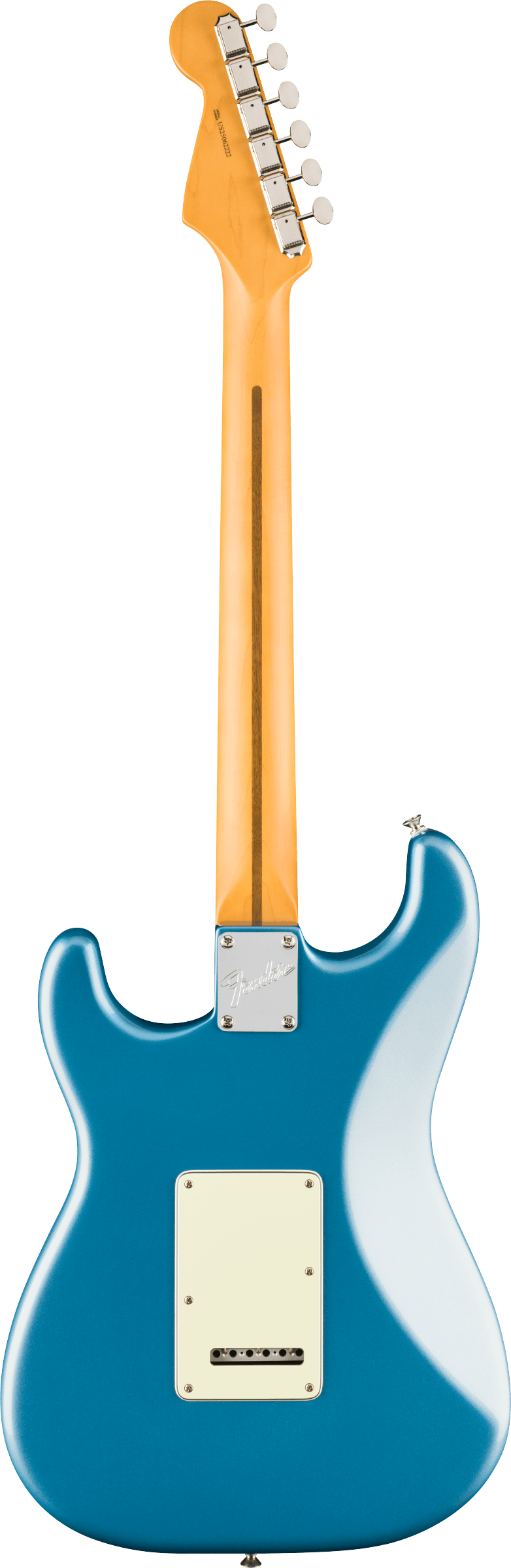 Electric guitar in metallic blue shown from the back, with a light-colored neck, six tuning pegs, and a rectangular rear cavity cover.