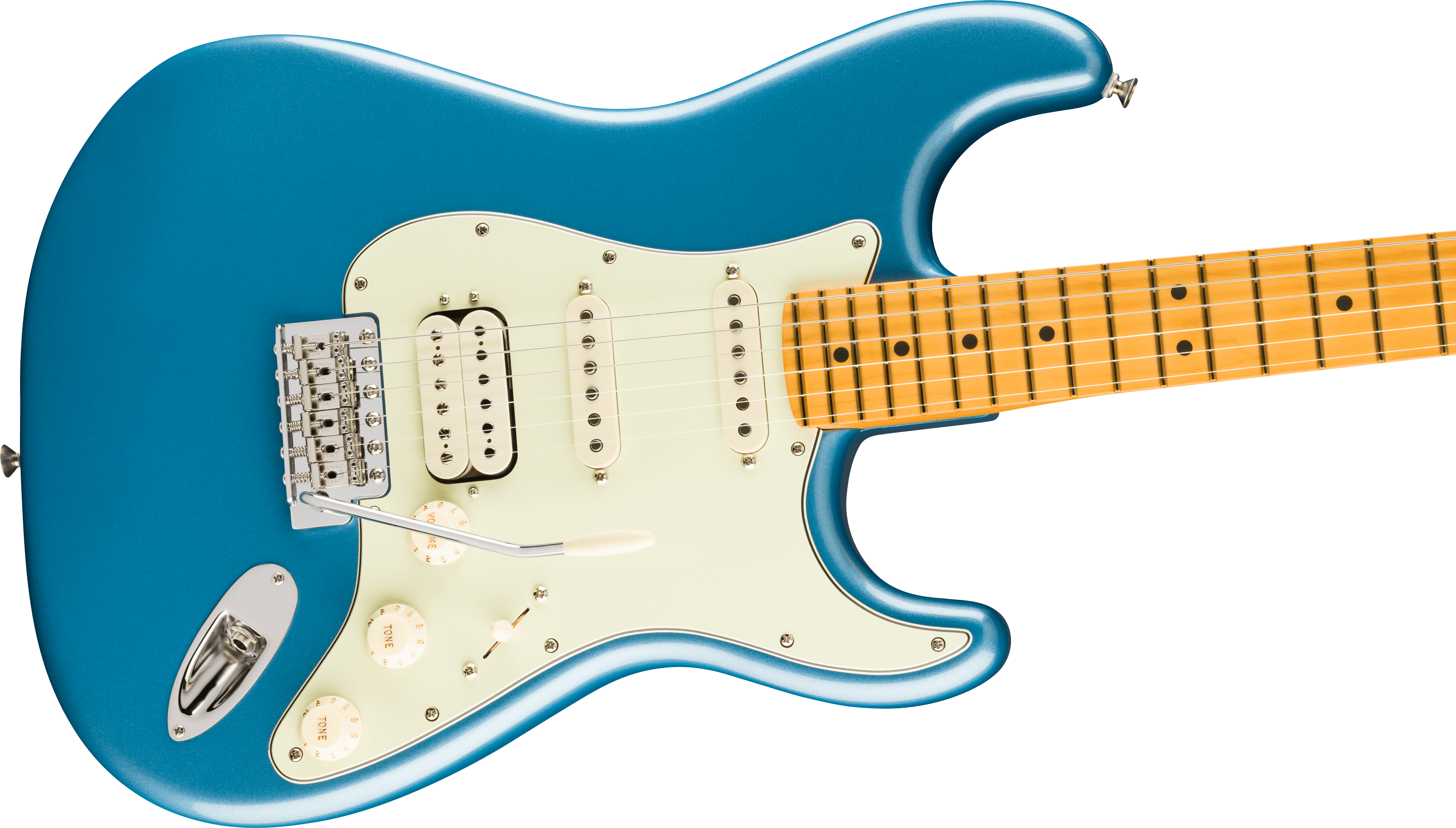 Metallic blue electric guitar with a white pickguard, three pickups, five-way switch, and a maple fretboard with black dot inlays.