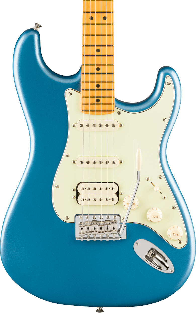 Glossy blue electric guitar with a cream pickguard, three pickups, whammy bar, and maple neck featuring black dot inlays.