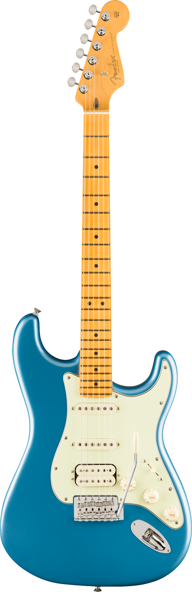 Blue Fender electric guitar with a maple neck, white pickguard, three pickups, volume and tone knobs, and a whammy bar.