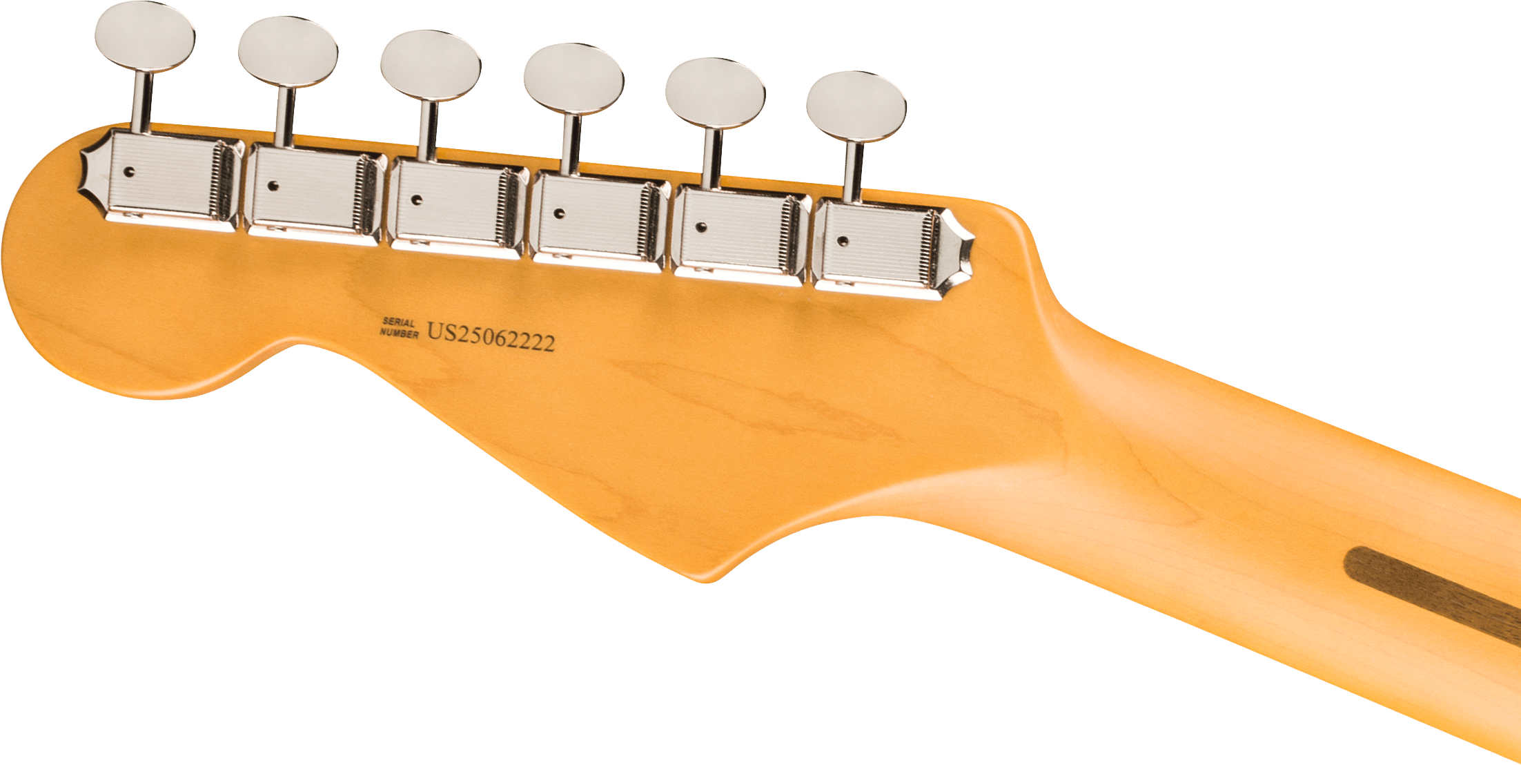 Back of an electric guitar headstock showing six metal tuning pegs and the serial number US25062222 on light-colored wood.