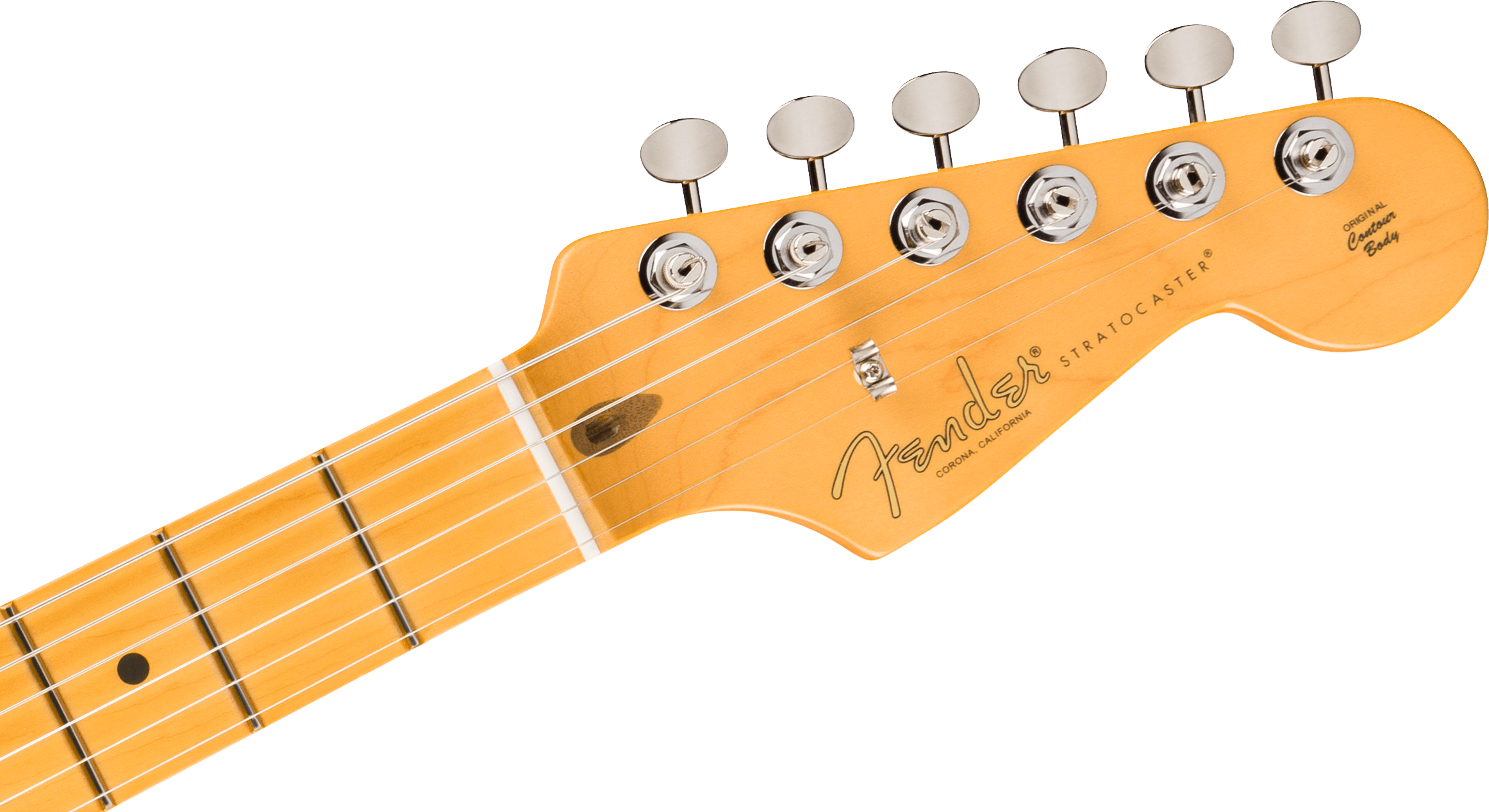 Light wood Fender Stratocaster electric guitar headstock with six silver tuning pegs, logo, and part of the maple neck with strings visible.
