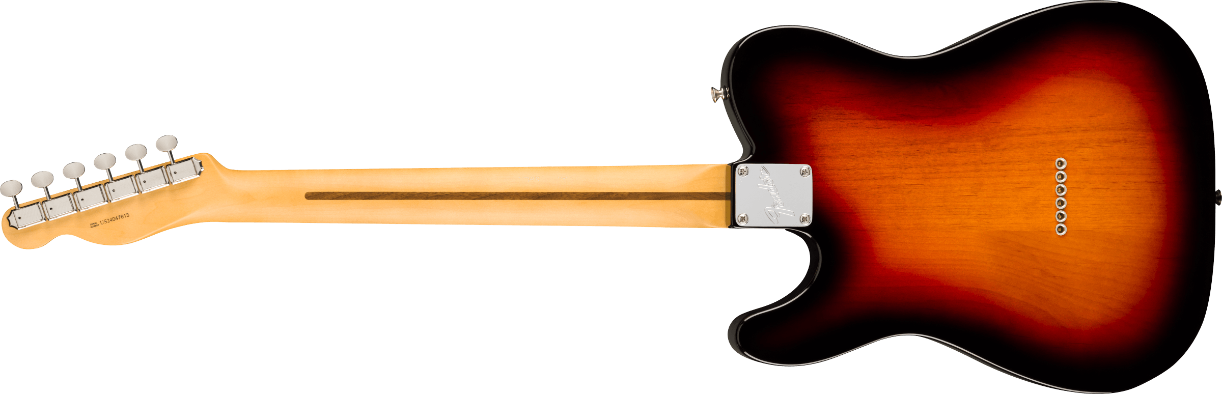 Guitare électrique avec manche en bois clair et corps aux tons dégradés rouge, orange et noir, vue de dos, mécaniques chromées alignées.