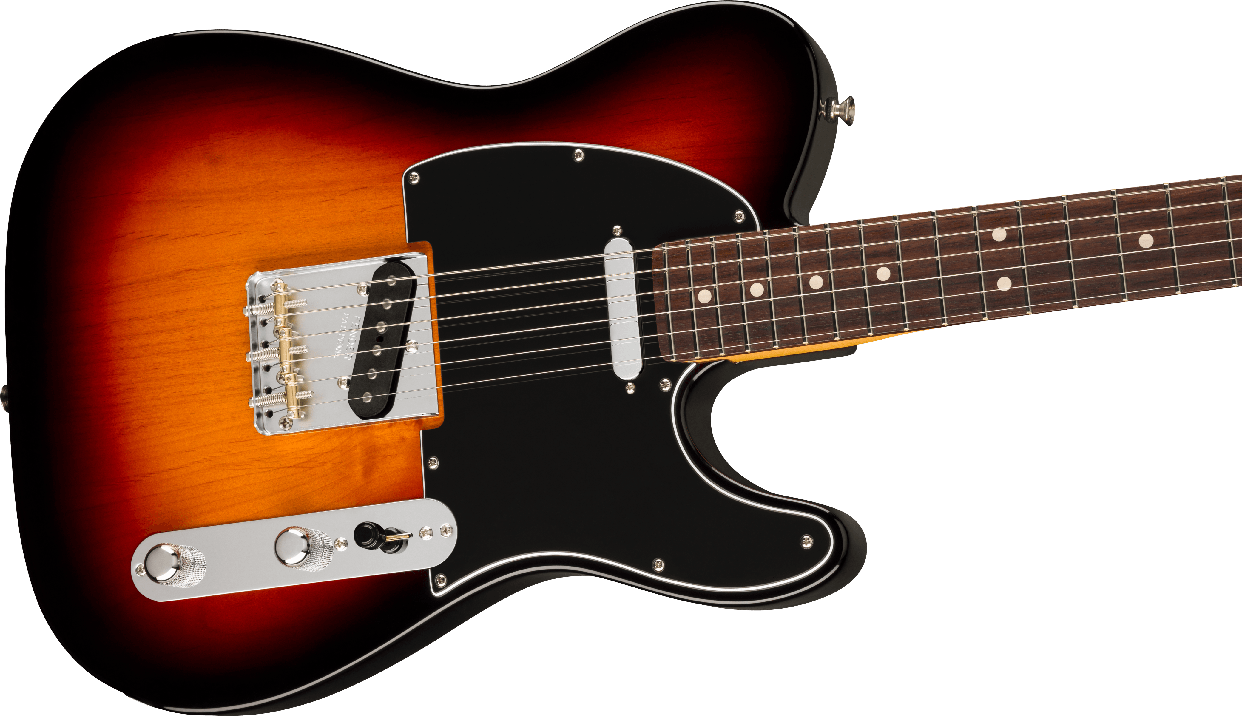 Guitare électrique à corps sunburst, plaque noire, deux micros, boutons chromés et manche en bois foncé avec repères ronds blancs.