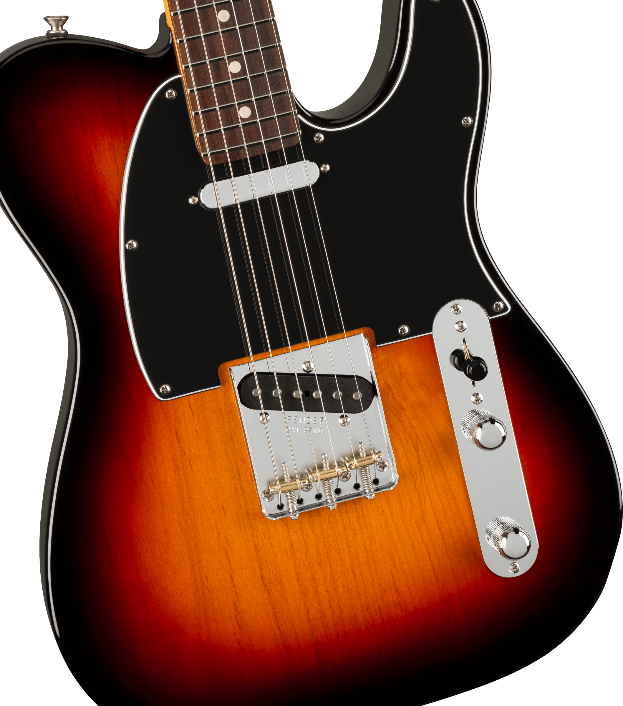 Guitare électrique au corps orange dégradé vers le noir, plaque noire, deux micros, boutons et sélecteur chromés sur une plaque métallique allongée.