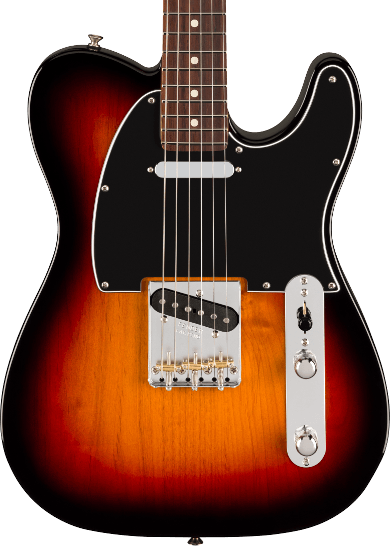 Guitare électrique avec corps marron et dégradé noir-rouge, pickguard noir, deux micros, deux boutons argentés et un sélecteur.
