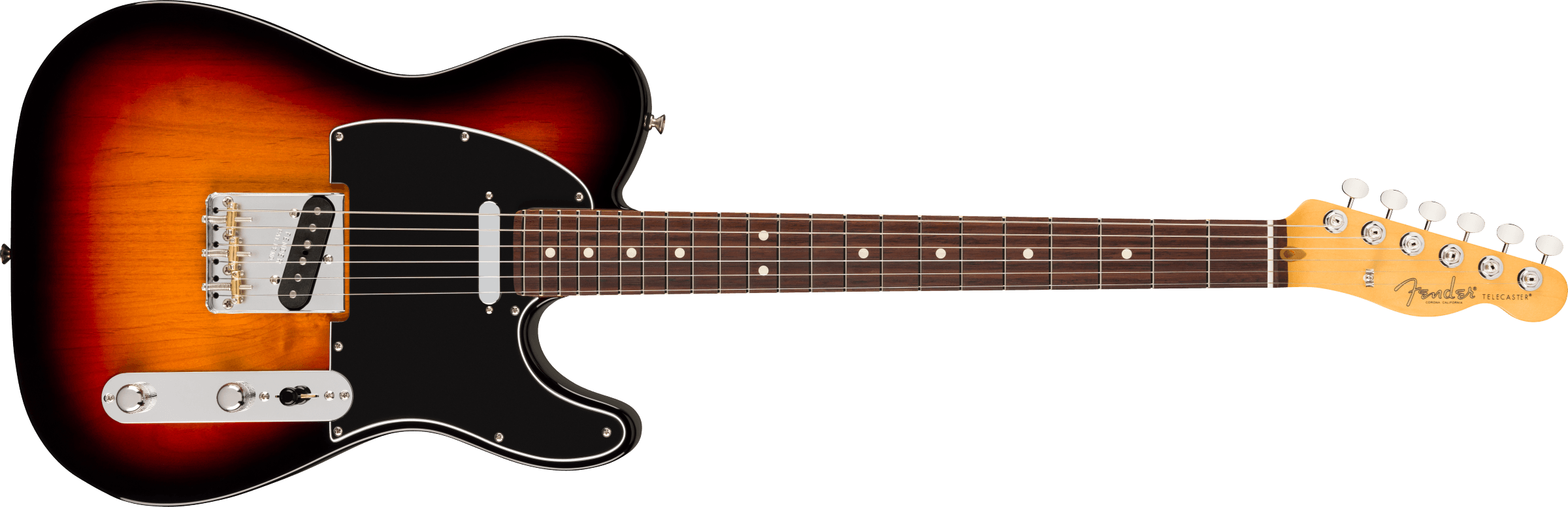 Guitare électrique Fender Telecaster, corps en bois sunburst, plaque noire, deux micros, six cordes, manche long en bois foncé avec repères ronds blancs.
