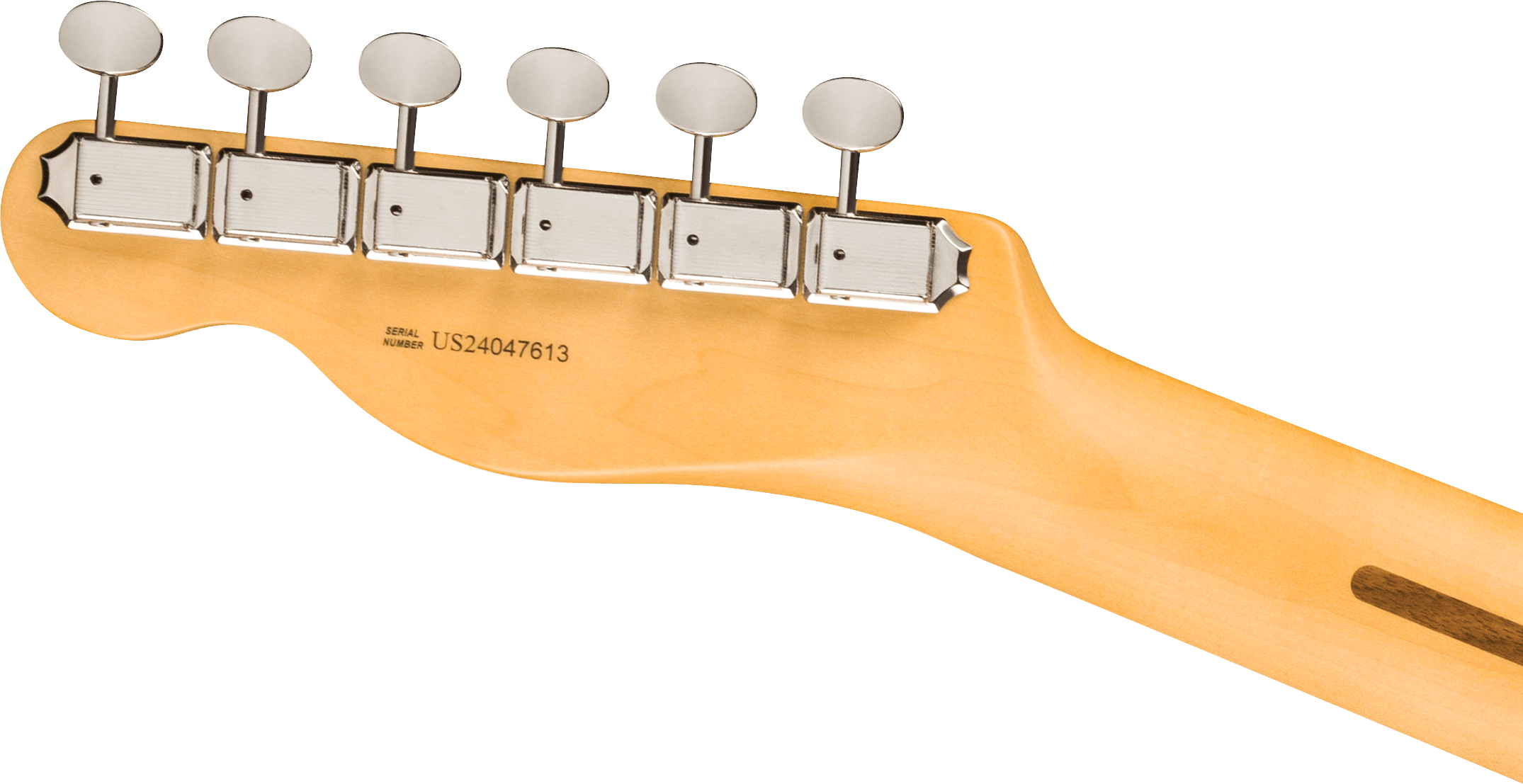 Tête de guitare électrique en bois clair avec six mécaniques chromées alignées et un numéro de série visible.