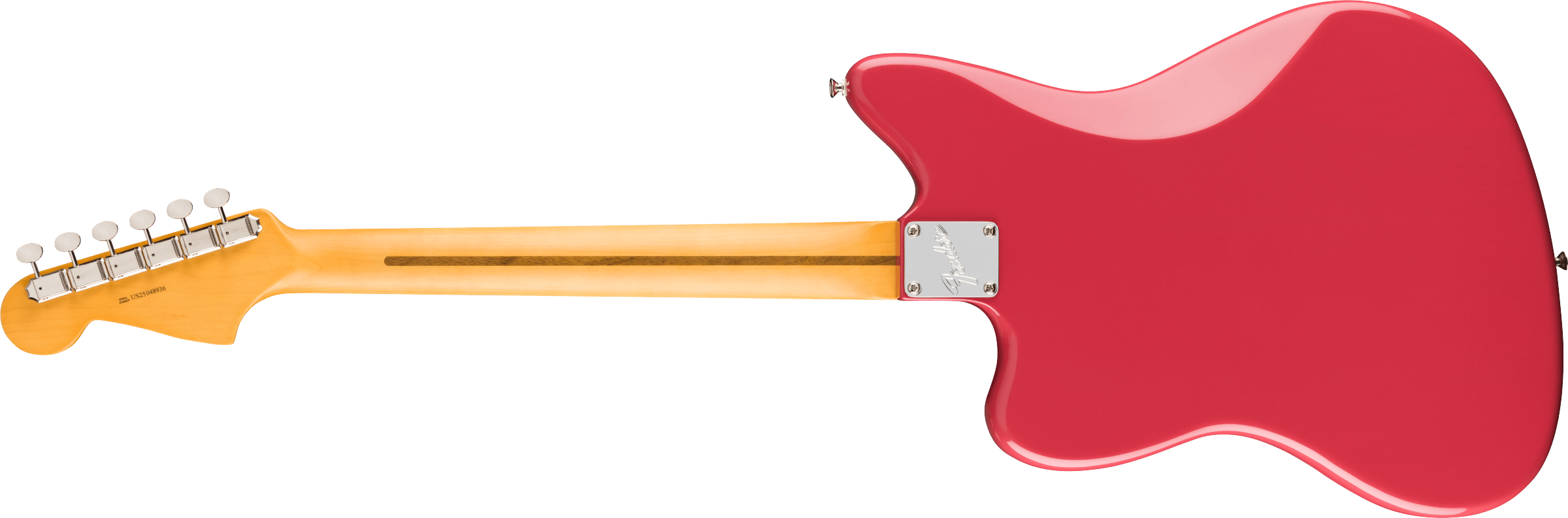 Guitare électrique avec manche en bois clair et dos du corps rouge vif, vue arrière, six mécaniques alignées sur la tête.