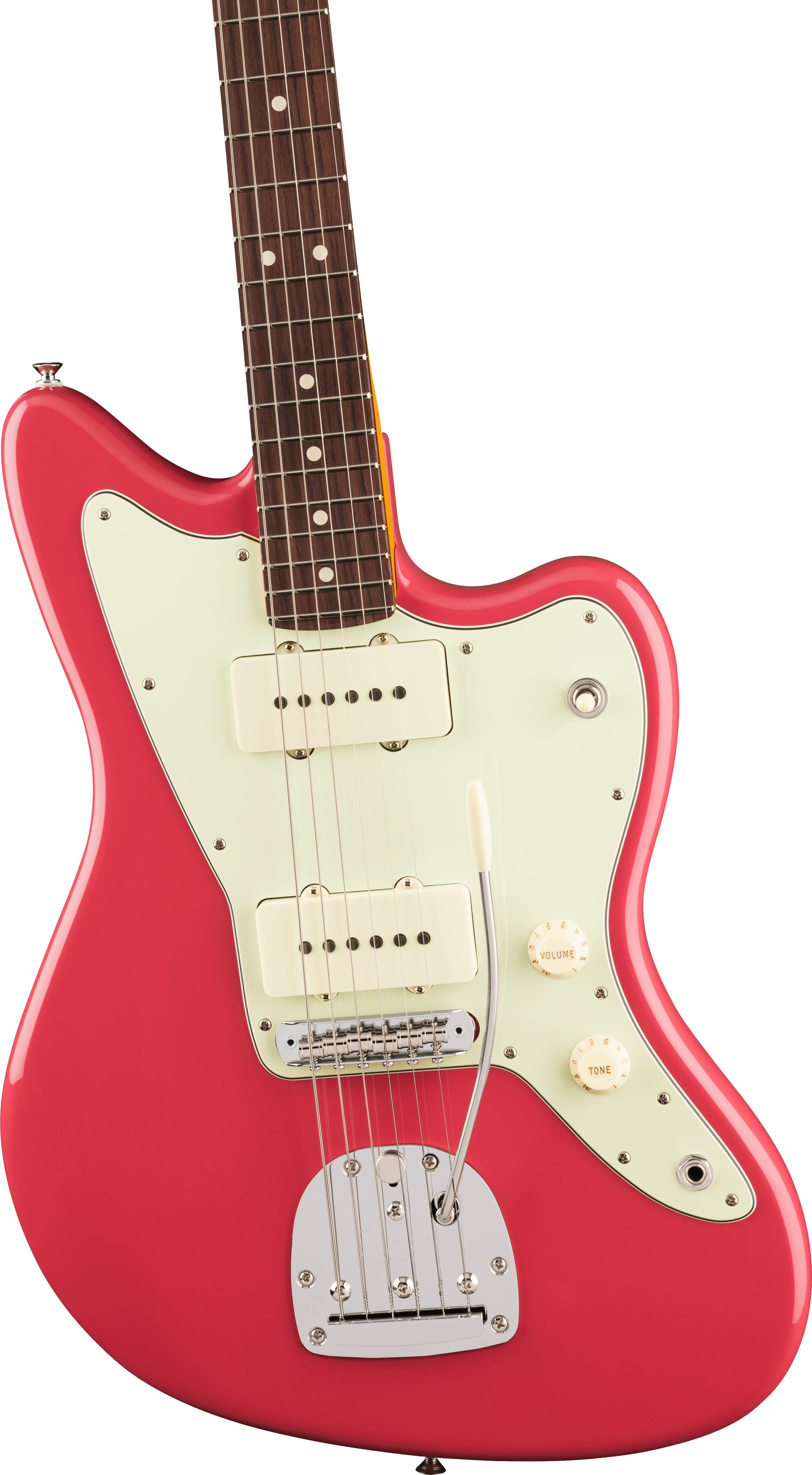 Guitare électrique rose vif, plaque blanche, deux micros simples blancs, manche foncé, commandes volume et tonalité, vibrato chromé.