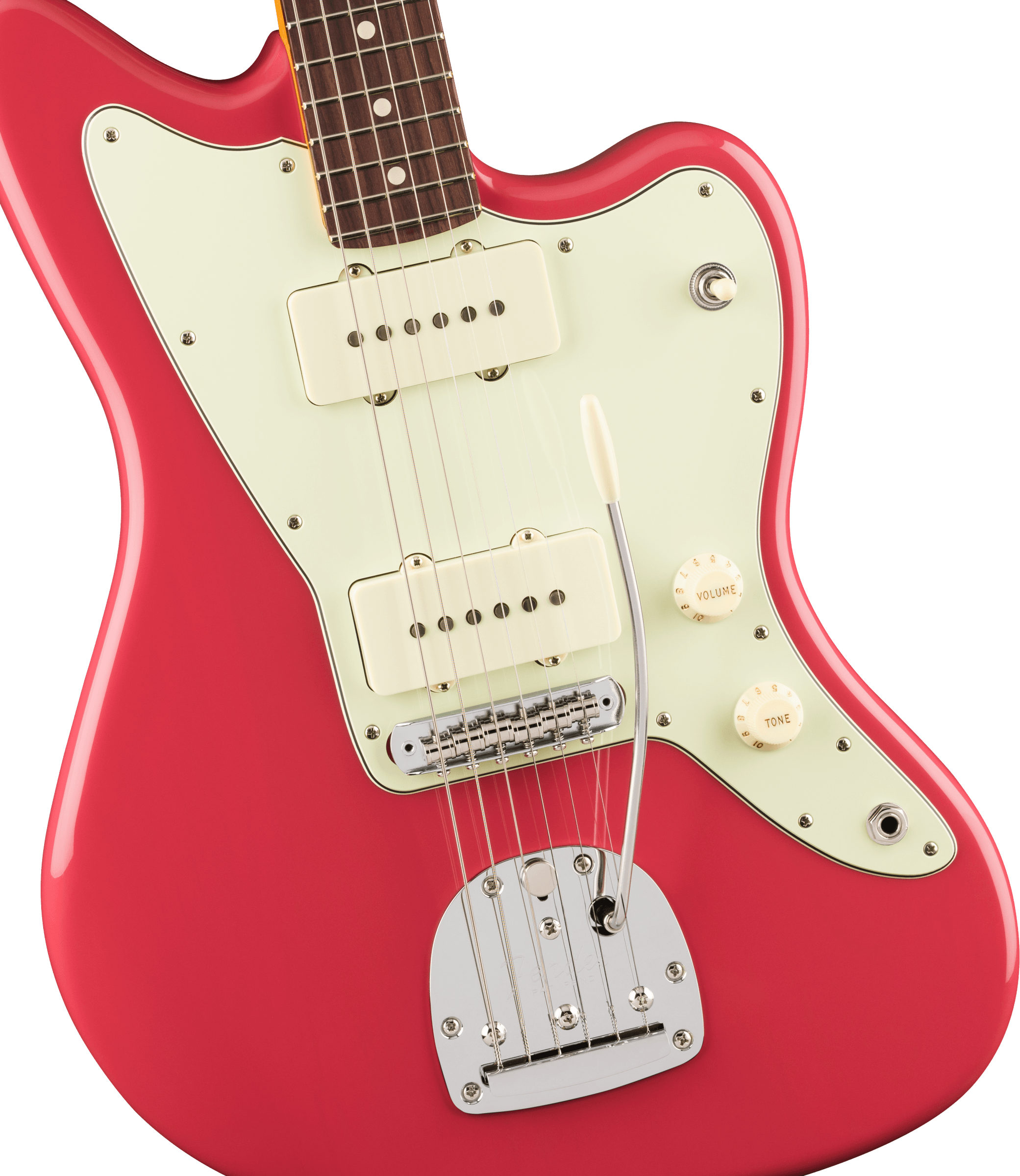 Guitare électrique rouge à plaque blanche, deux micros rectangulaires crème, deux boutons ronds, un sélecteur, vibrato chromé et touche foncée.