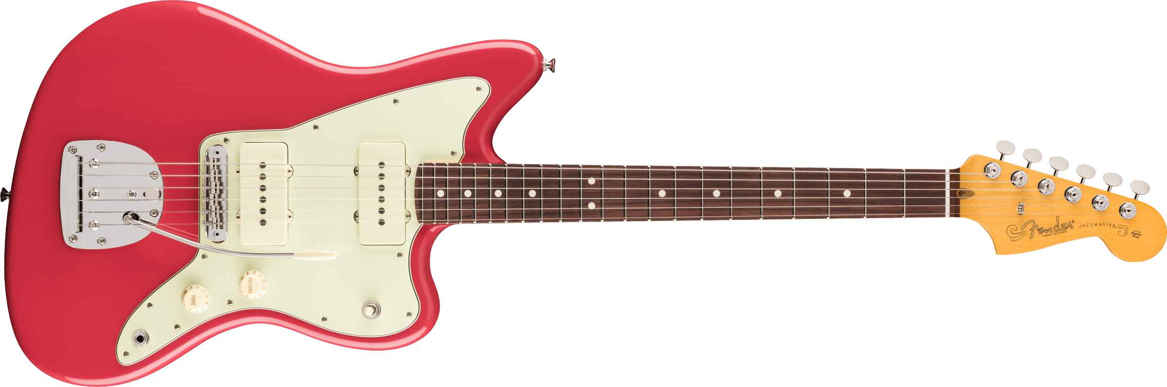 Guitare électrique Fender Jazzmaster rouge avec plaque pickguard crème, deux micros simples, manche en bois foncé et six mécaniques chromées.