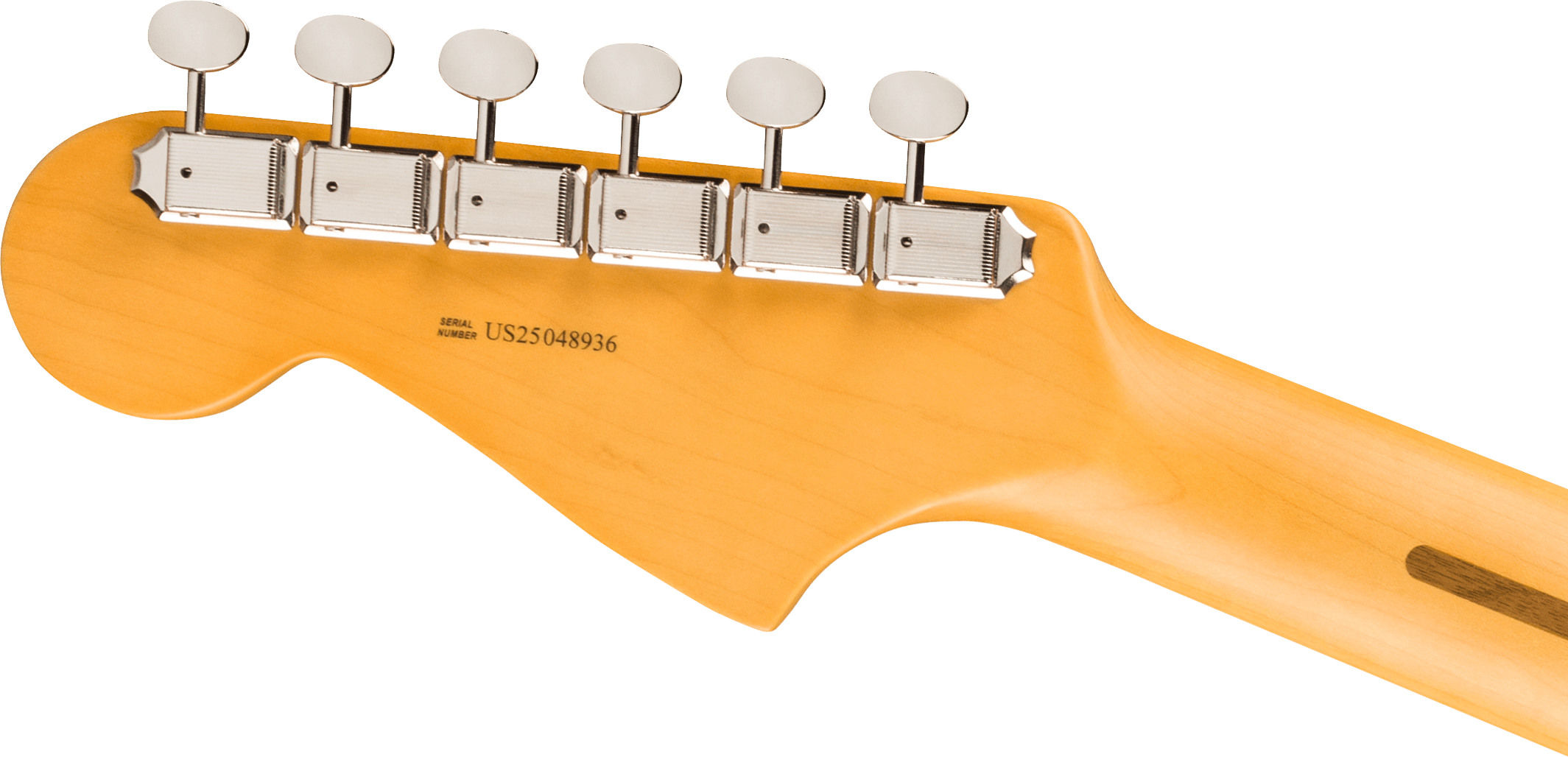 Tête d’une guitare électrique en bois clair, six mécaniques chromées alignées, numéro de série US25048936 imprimé sur le dos.