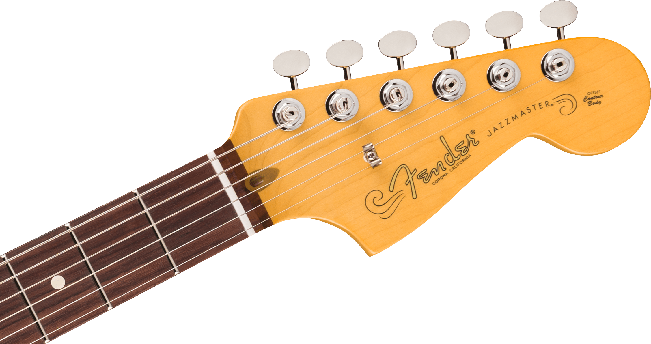Manche de guitare électrique Fender Jazzmaster, touche en bois foncé, six mécaniques chromées alignées sur la tête en érable clair.