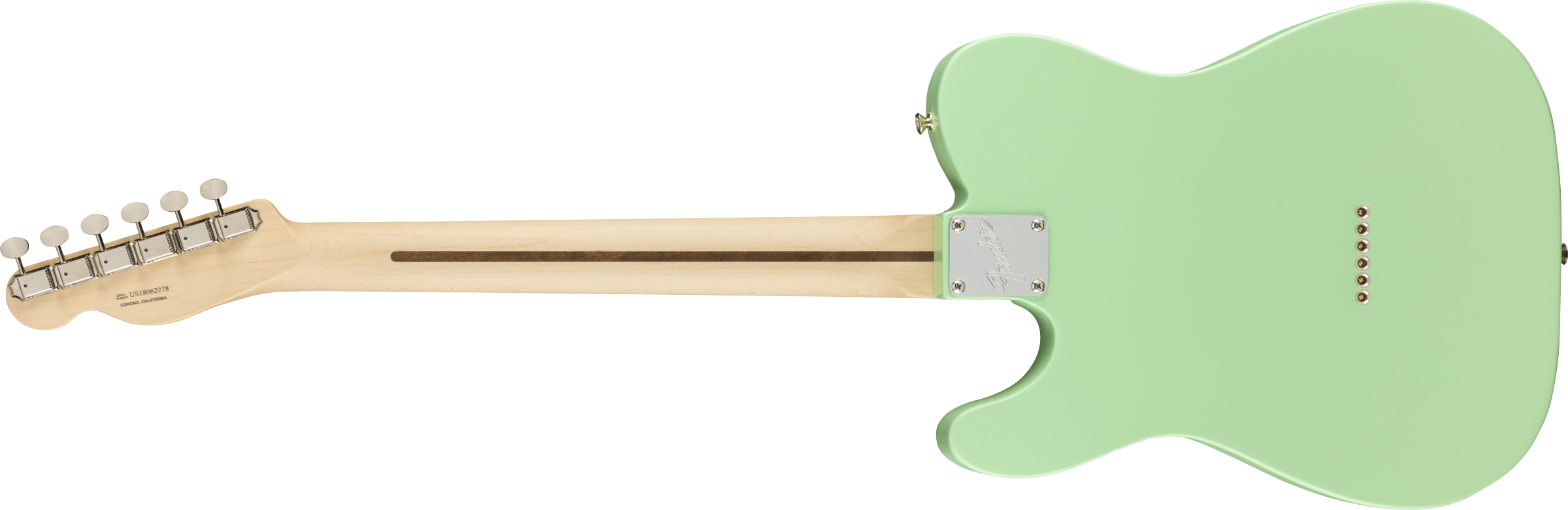 Electric guitar with a light natural wood neck and a solid pastel green body, viewed from the back showing six tuning pegs and string ferrules.