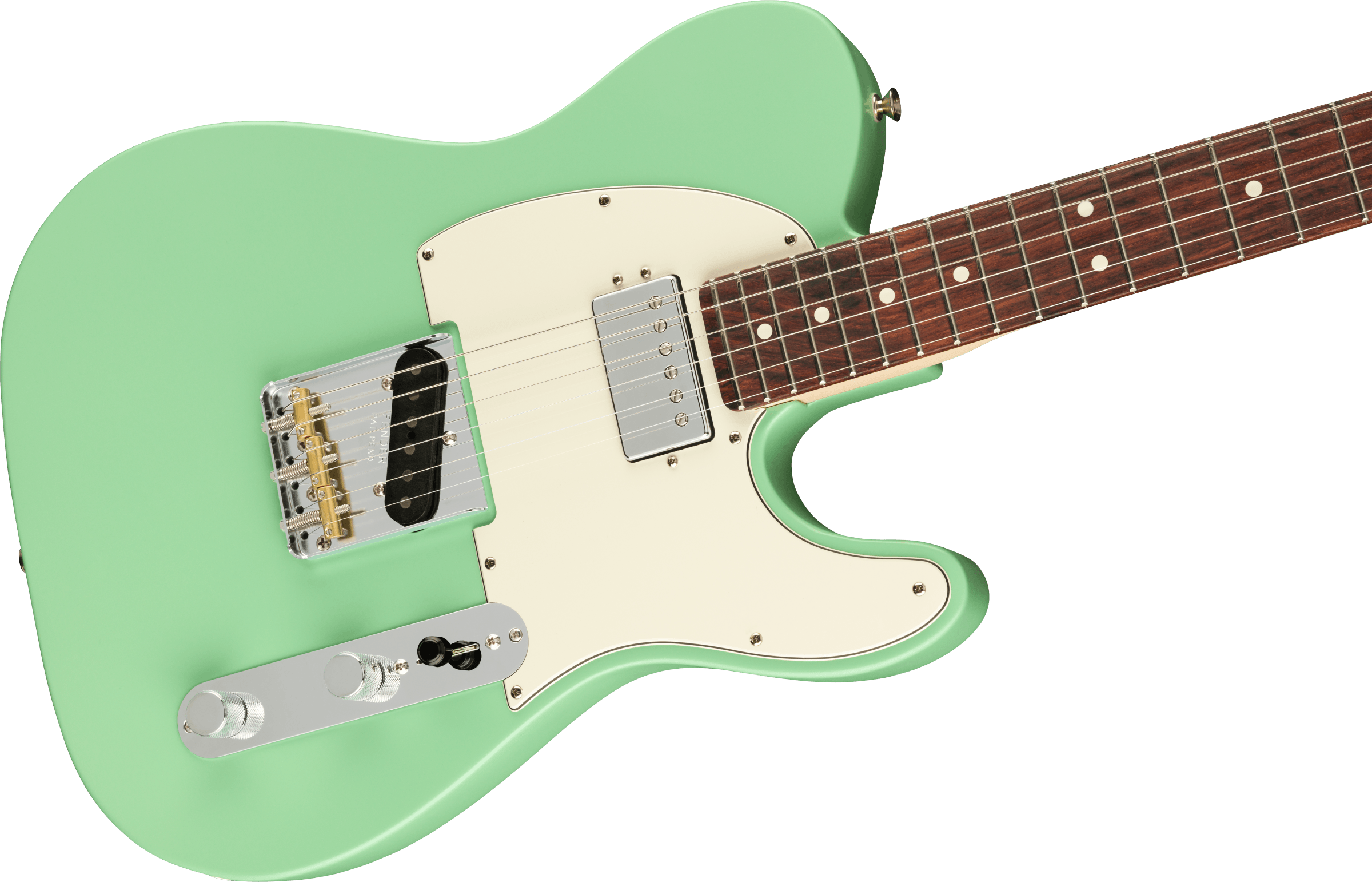 Mint green electric guitar with a white pickguard, chrome hardware, one single-coil and one humbucker pickup, and a rosewood fretboard.