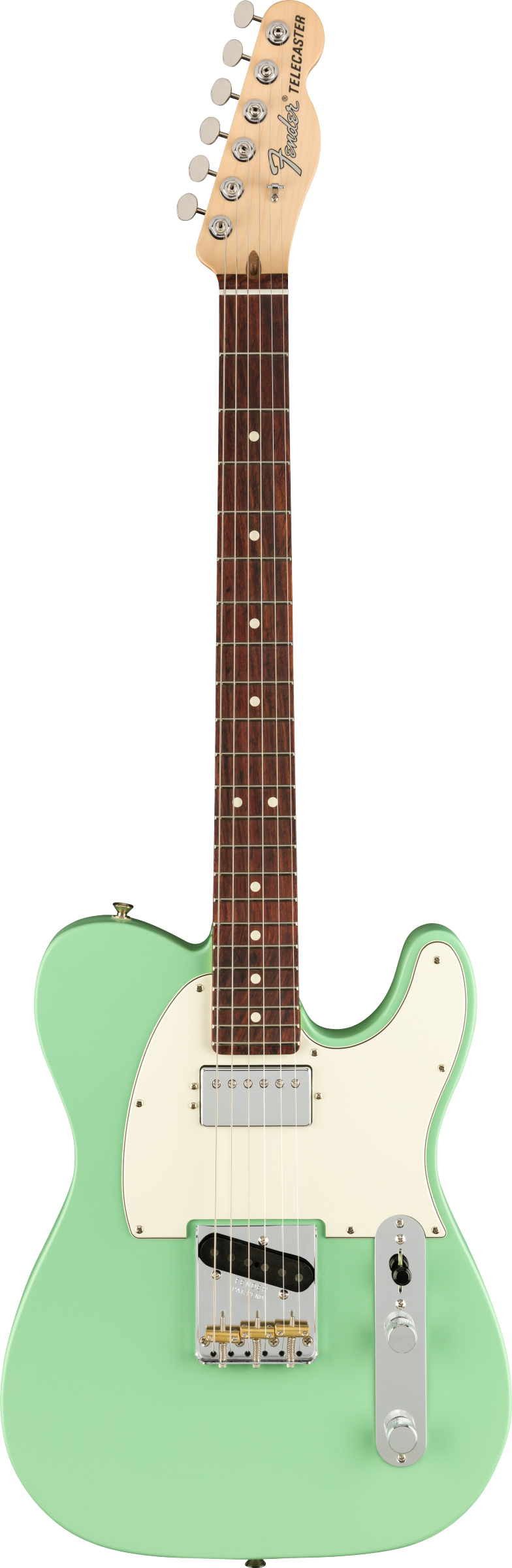 Fender Telecaster electric guitar in light green with a white pickguard, chrome control plate, and rosewood fingerboard.