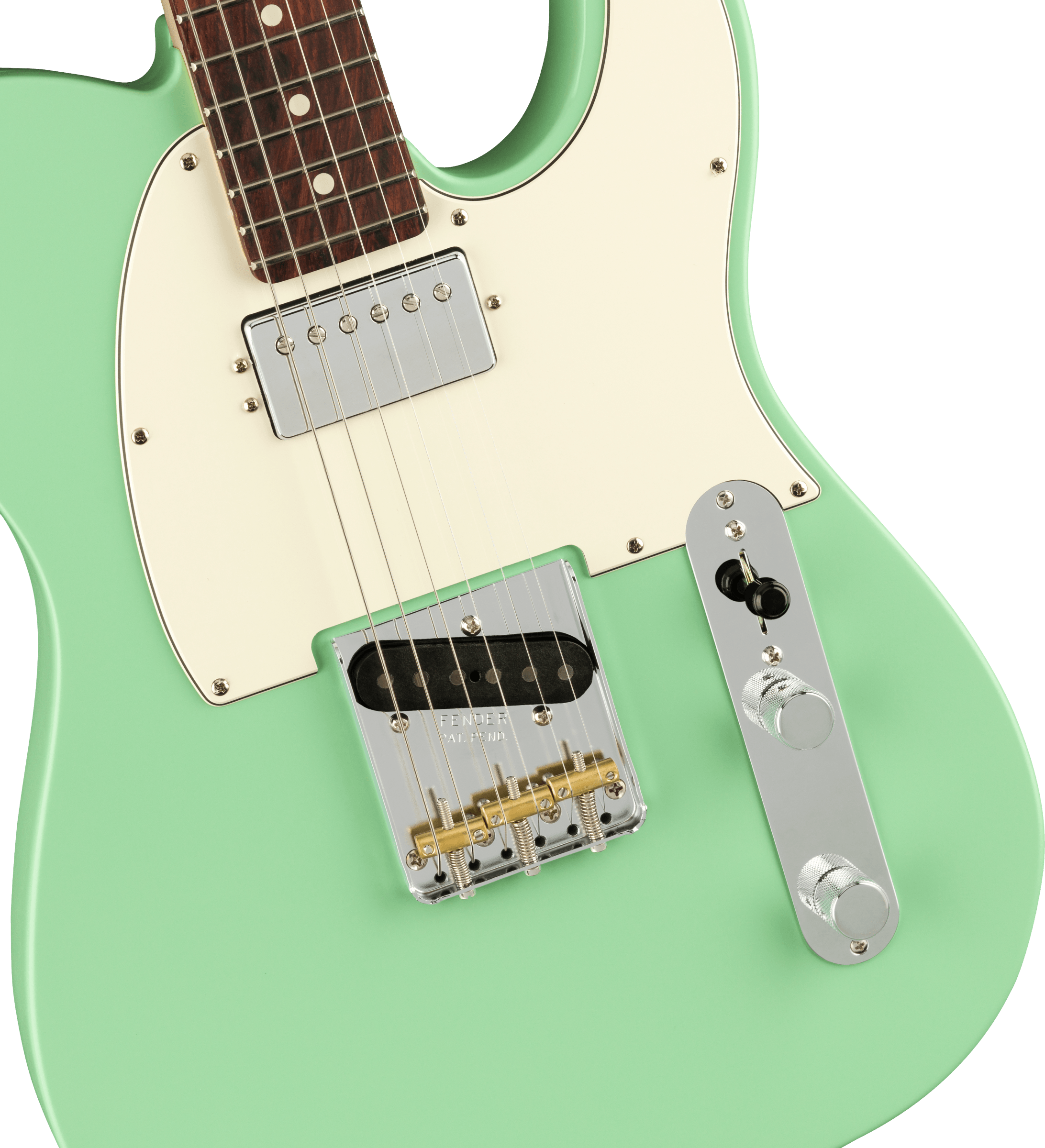 Mint green electric guitar with a white pickguard, chrome bridge, control panel, two knobs, switch, and a rosewood fingerboard.
