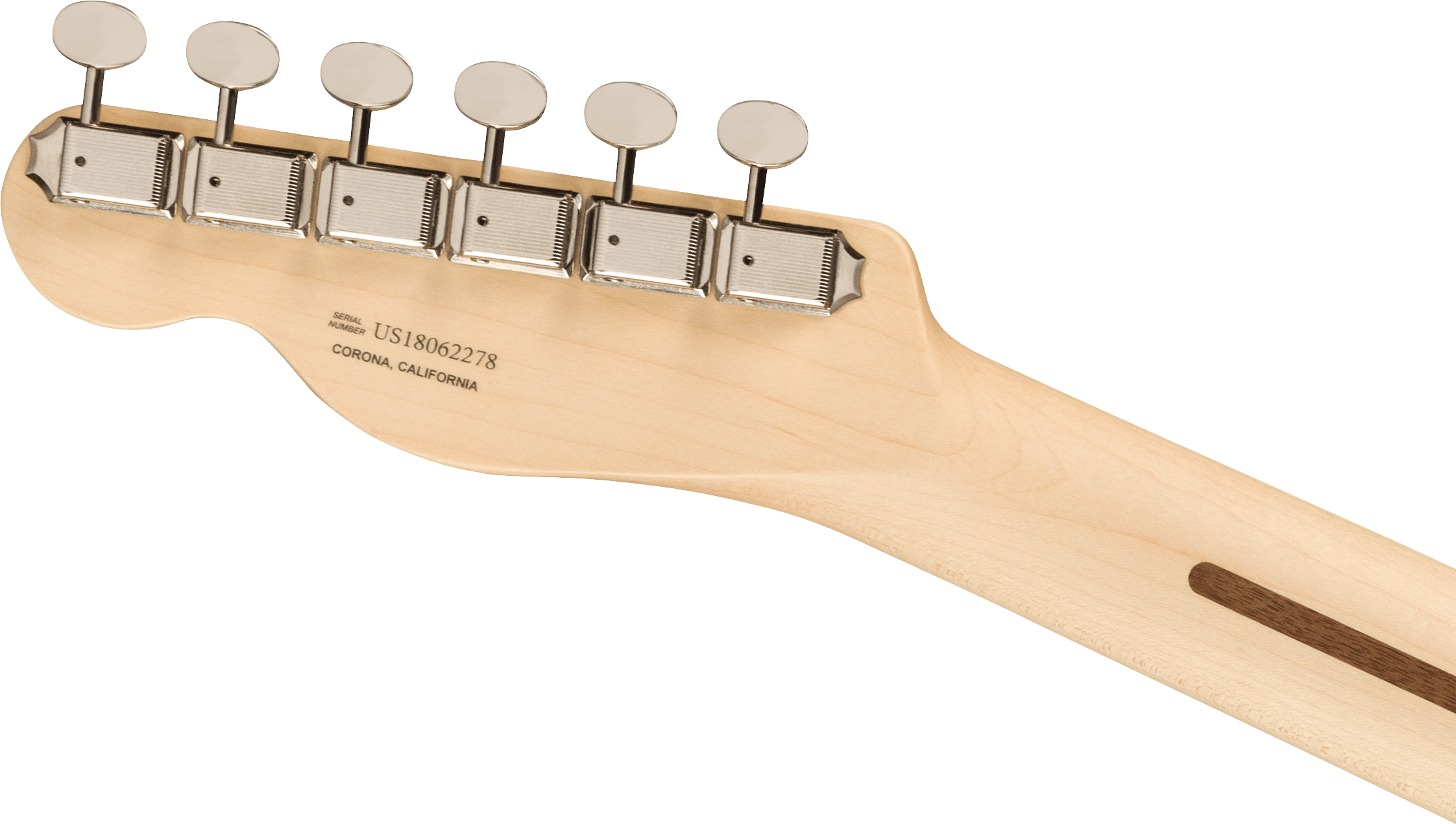 Six metal tuning pegs on a light wood electric guitar headstock, with serial number US18062278 and Corona, California printed on the back.
