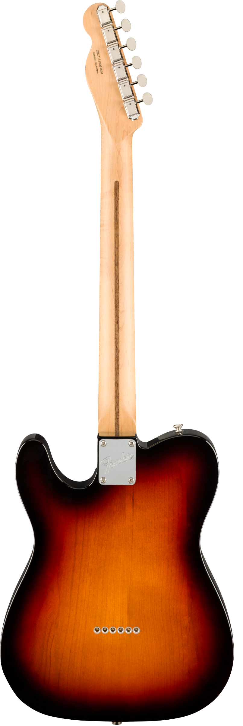 Electric guitar rear view showing a sunburst body, six metal string ferrules, a bolt-on maple neck, and silver tuners on the headstock.