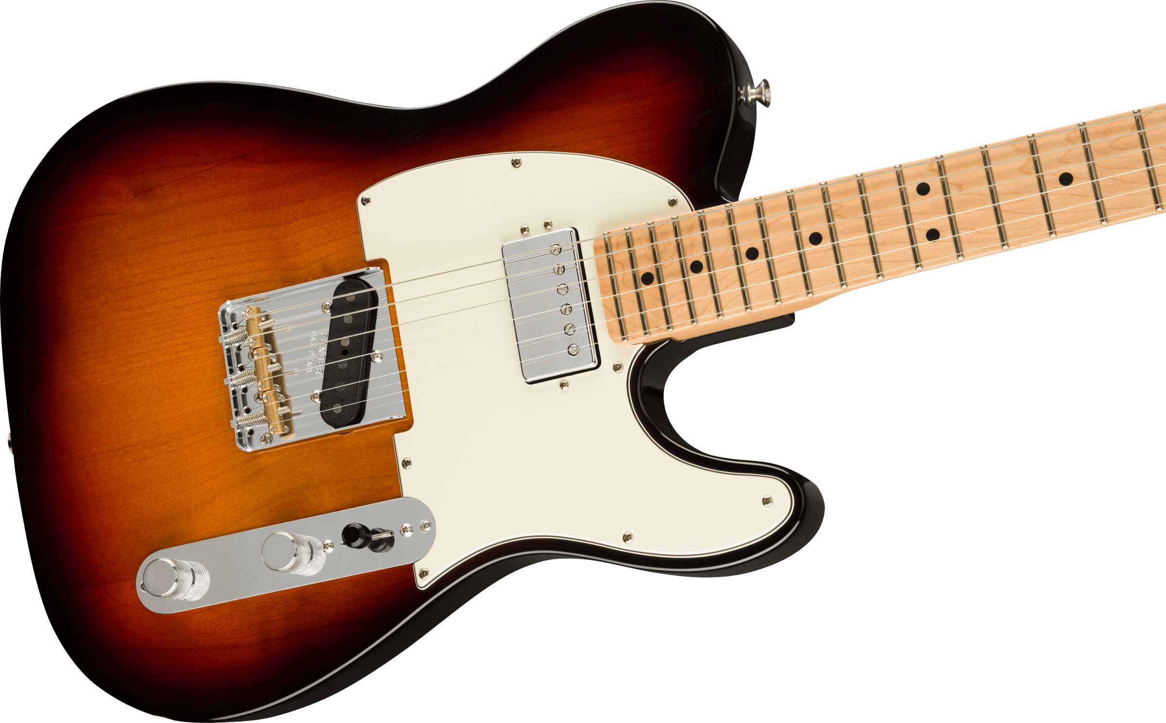 Electric guitar with a sunburst finish, white pickguard, two pickups, chrome controls, and a light-colored maple neck featuring black dot inlays.