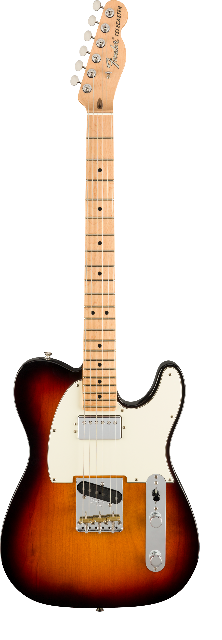Fender Telecaster electric guitar with a sunburst body, white pickguard, two pickups, chrome hardware, and a maple neck with dot inlays.