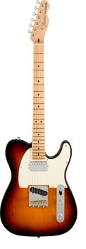Fender Telecaster electric guitar with a sunburst body, white pickguard, two pickups, chrome hardware, and a maple neck with dot inlays.