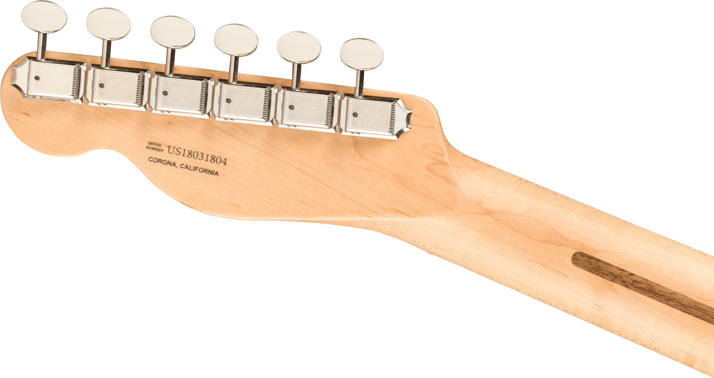 Six chrome tuning pegs on a light maple electric guitar headstock; serial number and "Corona, California" printed on the back.