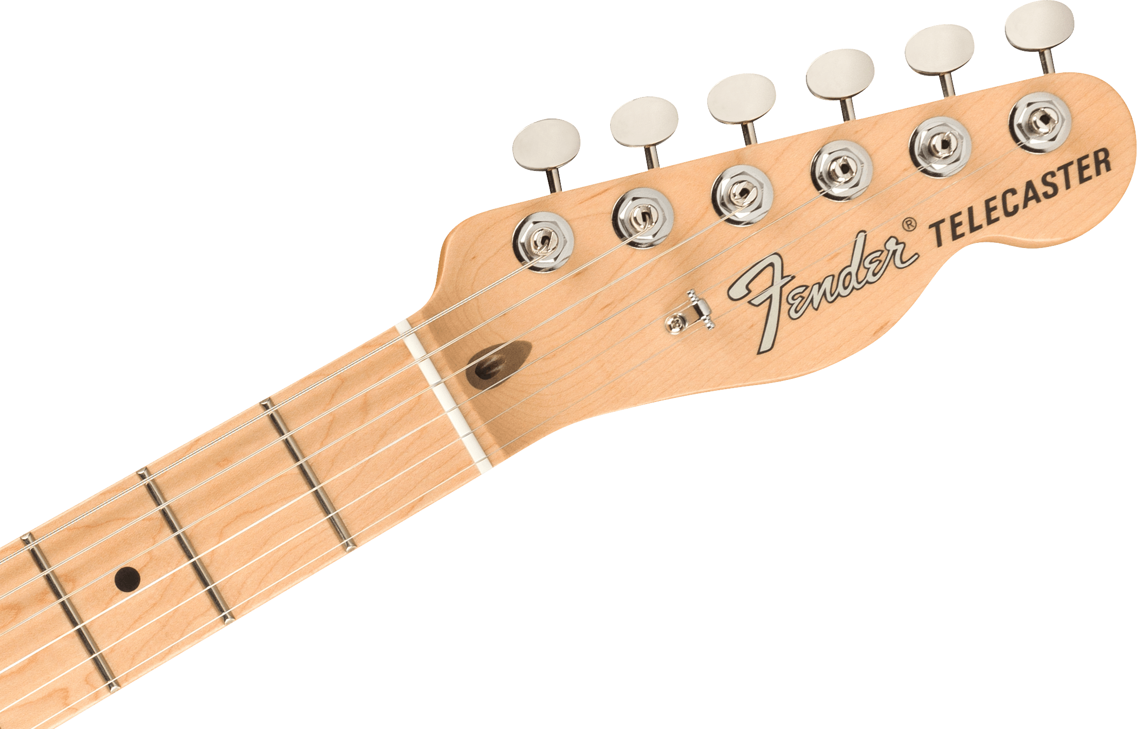 Light wood Fender Telecaster electric guitar headstock with six chrome tuning pegs and black logo, part of the maple neck and fretboard visible.