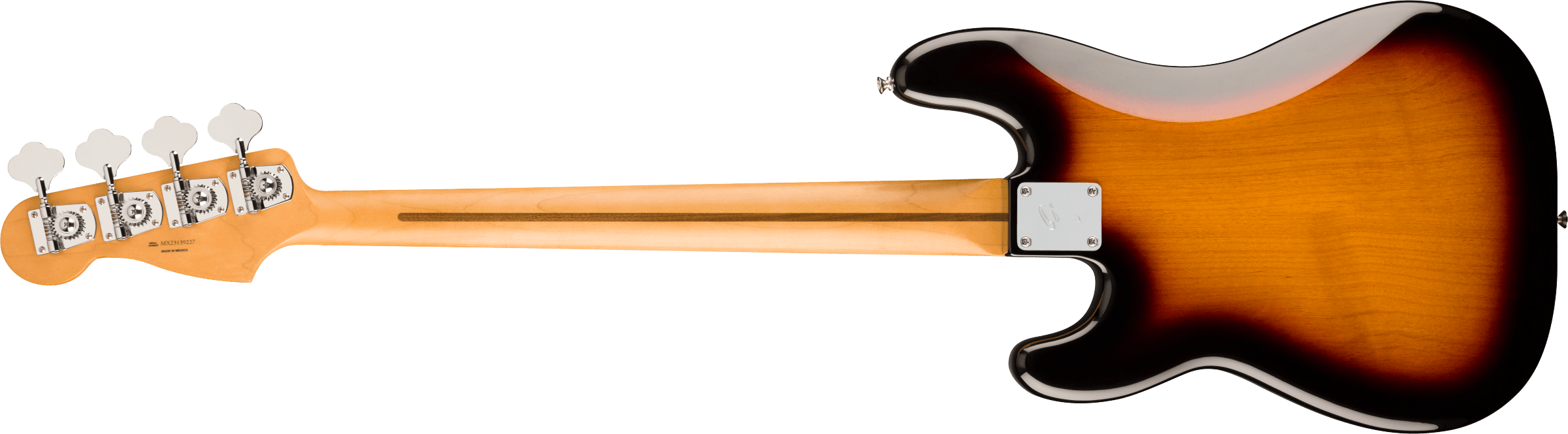 Sunburst electric bass, viewed from the back, showing natural wood neck and four tuning pegs with chrome hardware.