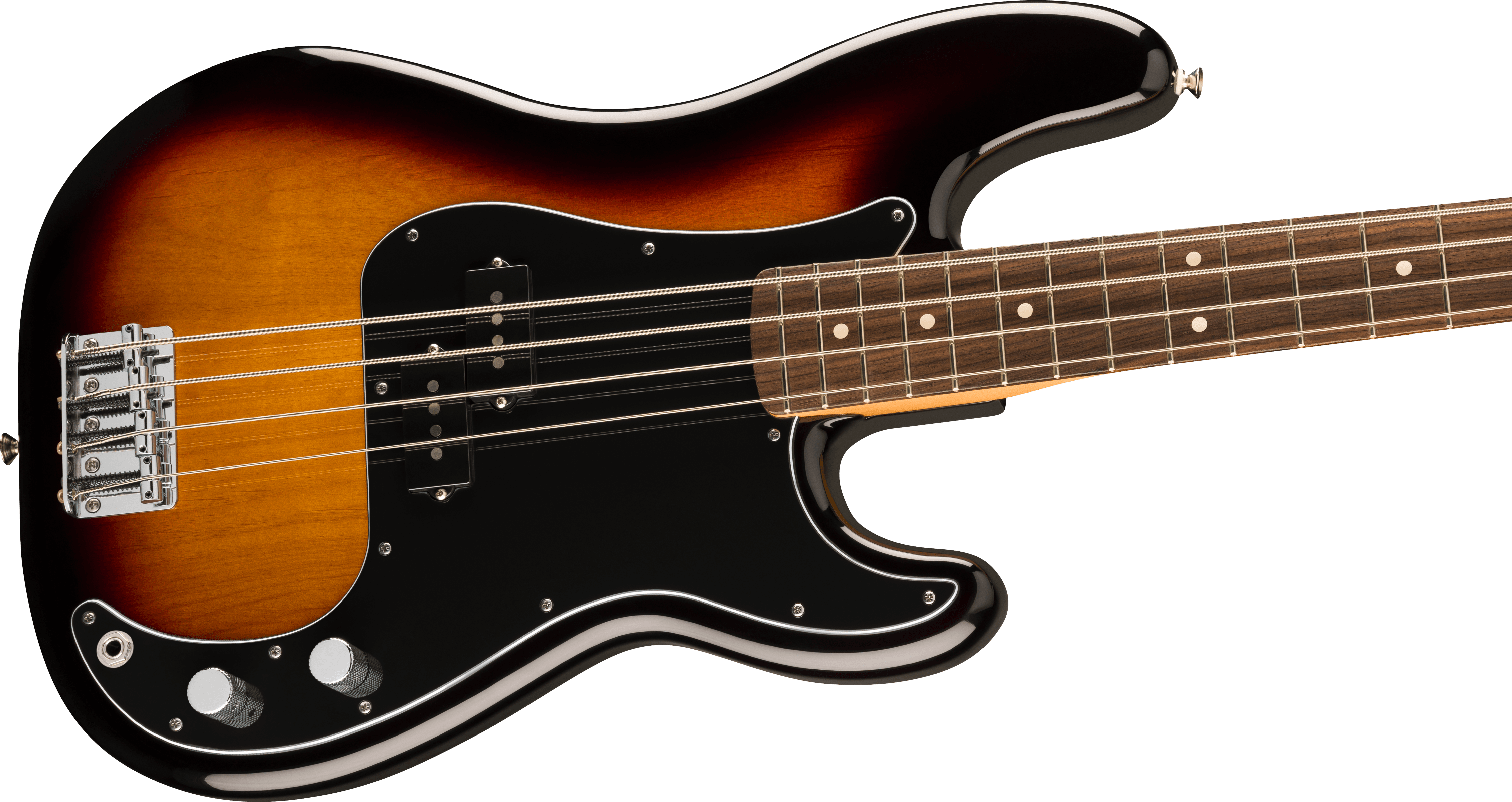 Sunburst electric bass with four strings, a black pickguard, two metal control knobs, and a rosewood fretboard with white dot inlays.