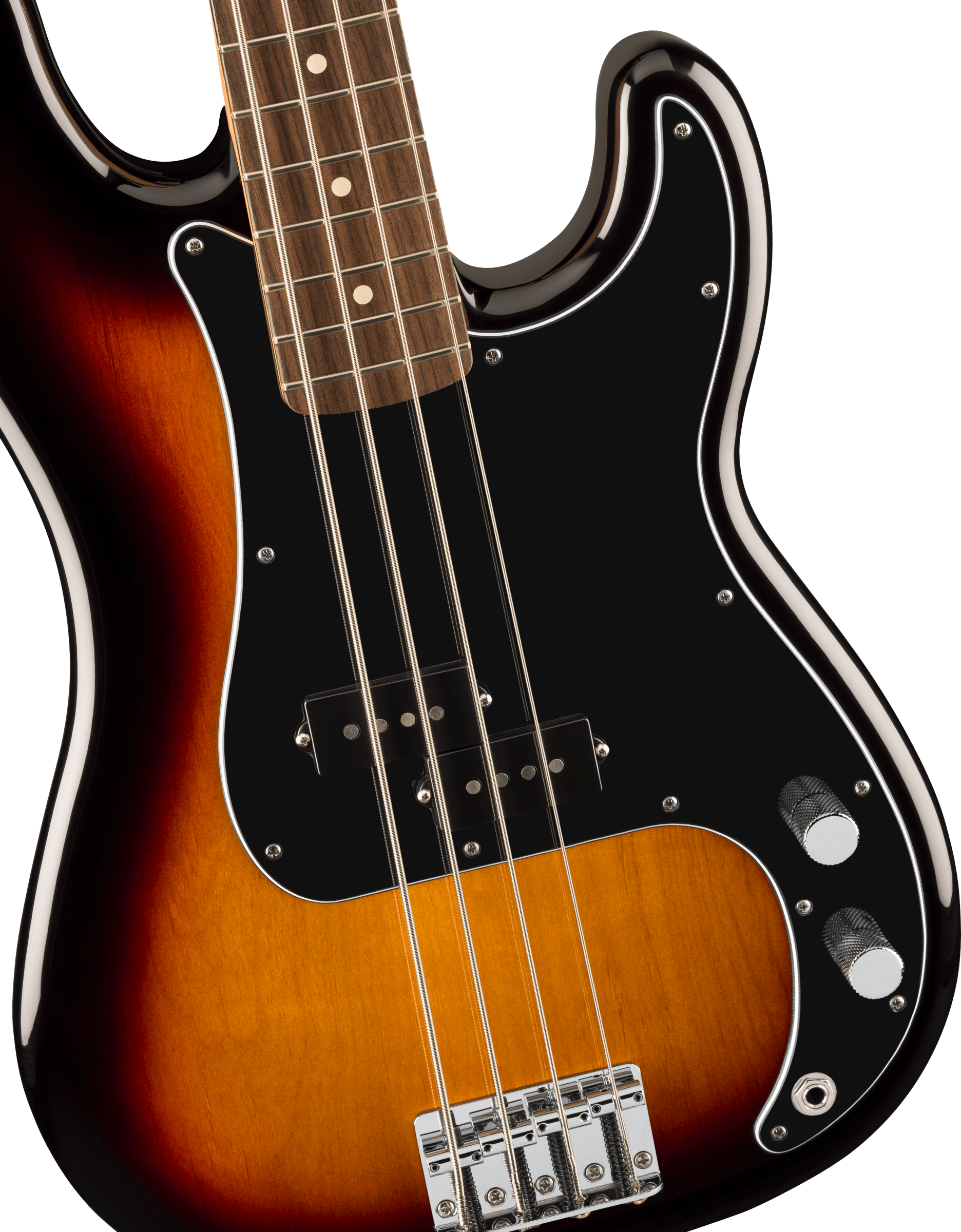 Sunburst electric bass with four strings, black pickguard, chrome bridge, two control knobs, and a rosewood fingerboard with dot inlays.