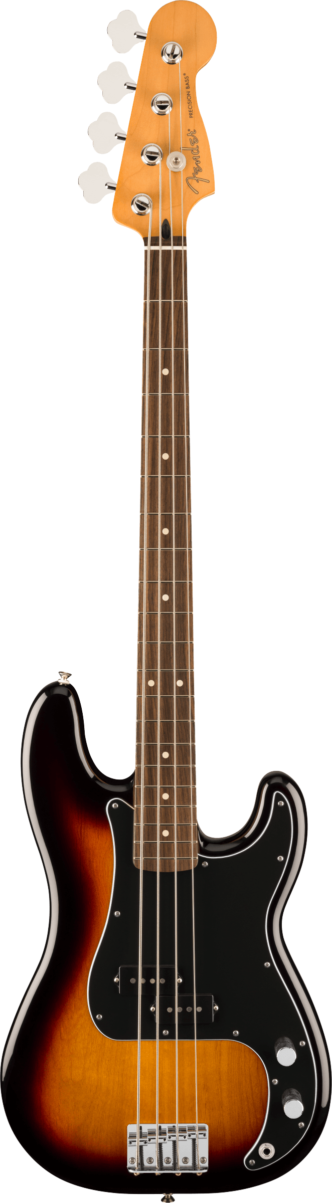 Fender electric bass guitar with a sunburst finish, black pickguard, four strings, chrome bridge, and control knobs, rosewood fretboard.