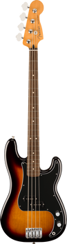Fender electric bass guitar with a sunburst finish, black pickguard, four strings, chrome bridge, and control knobs, rosewood fretboard.