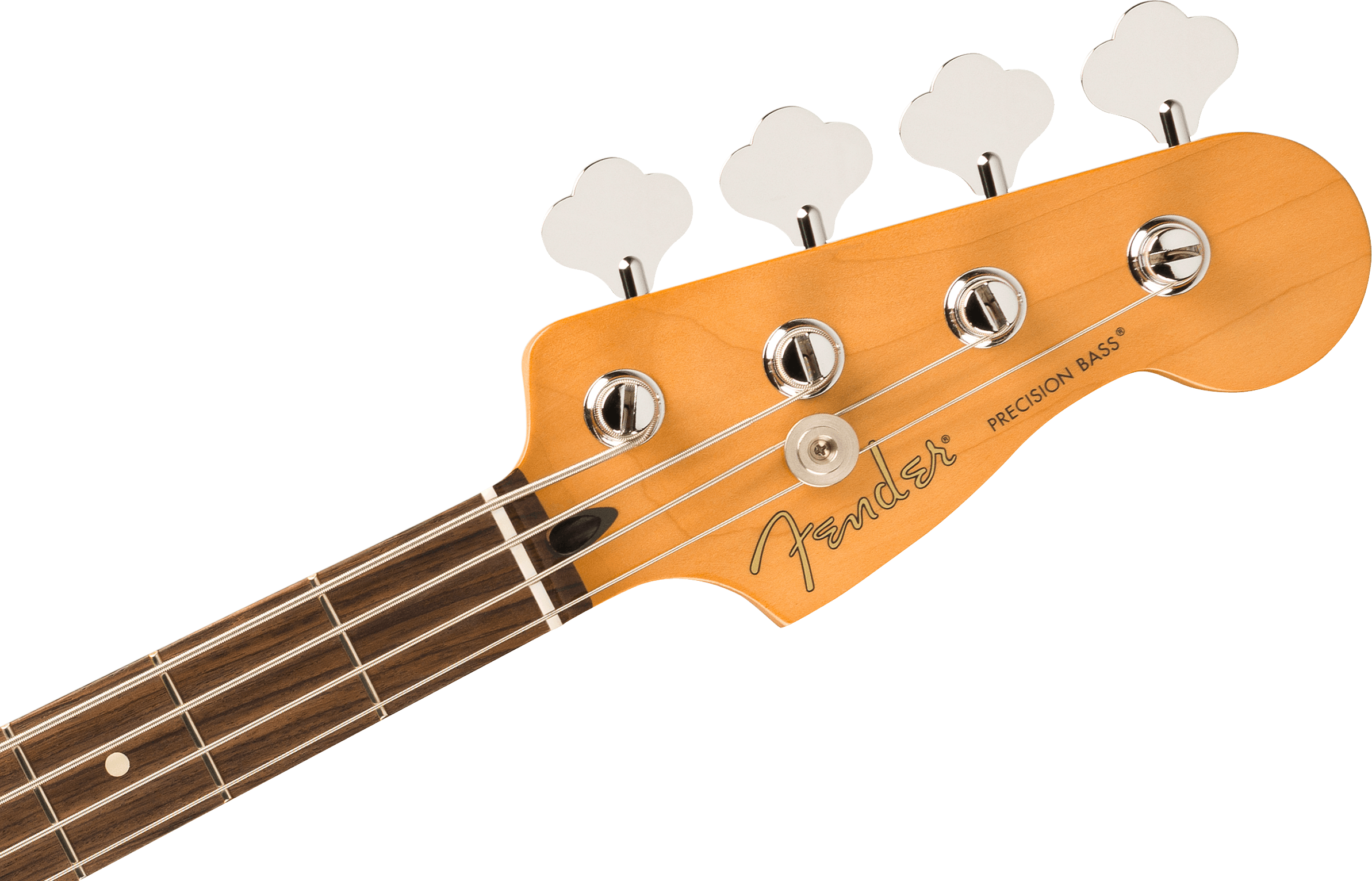 Fender Precision Bass headstock showing four tuning pegs, silver hardware, and part of a dark wood fretboard with white inlays.