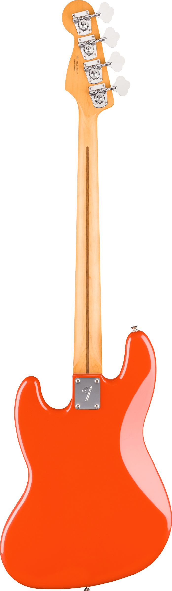 Basse électrique vue de dos, corps orange vif, manche en bois clair, quatre mécaniques métalliques alignées sur la tête.