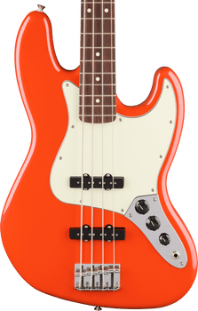 Bright orange electric bass with a white pickguard, four strings, chrome bridge, and three black control knobs on a silver plate.