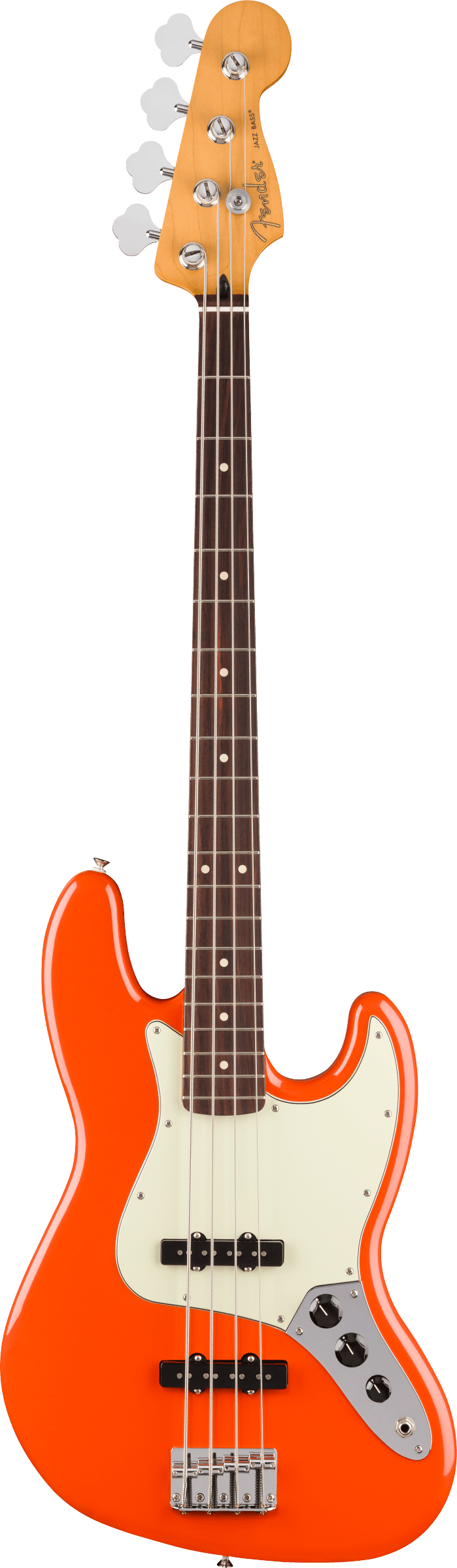 Basse électrique quatre cordes, corps orange vif, pickguard blanc, manche en bois foncé avec repères blancs, trois boutons noirs.