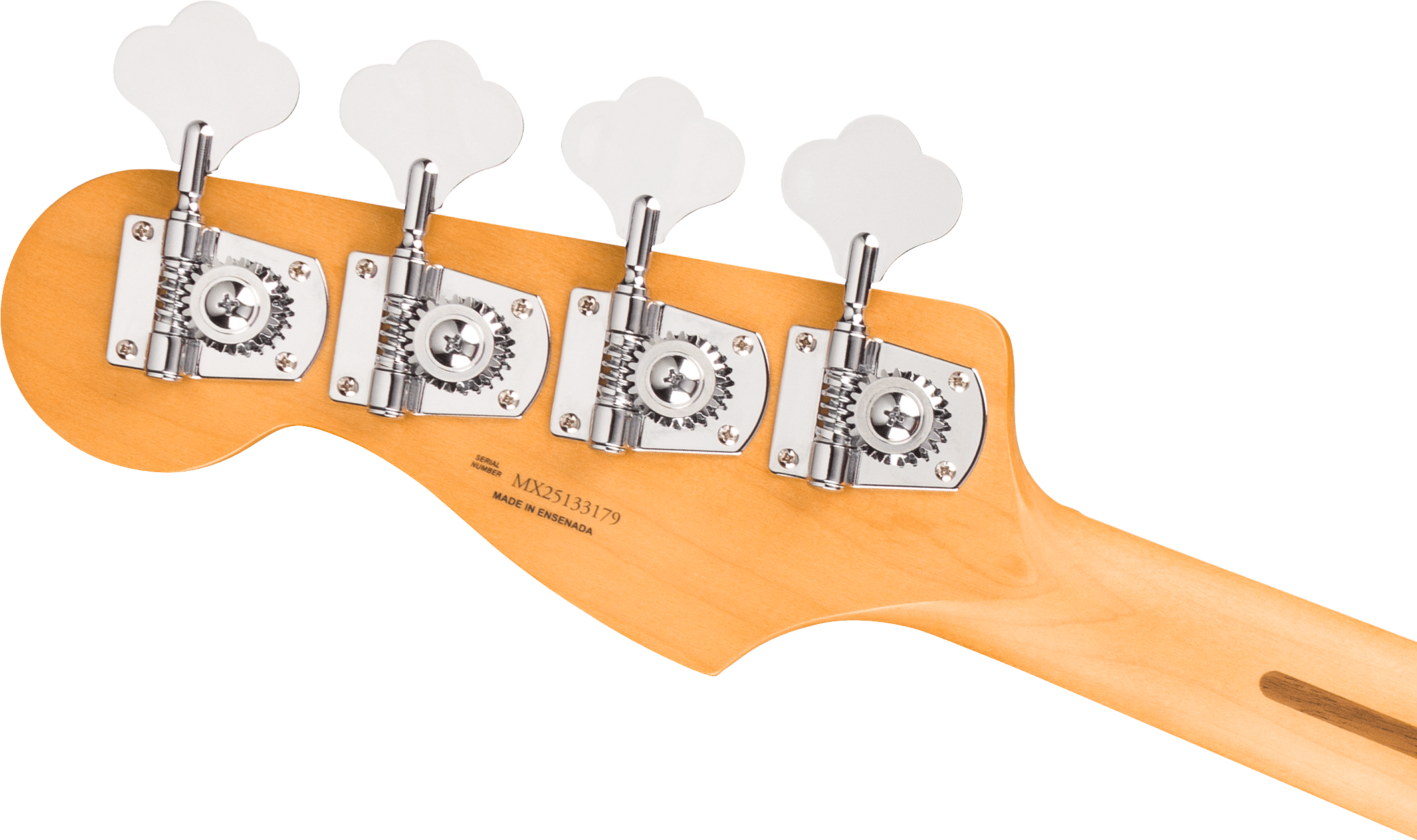 Tête de basse électrique en bois clair, équipée de quatre mécaniques chromées alignées côte à côte.