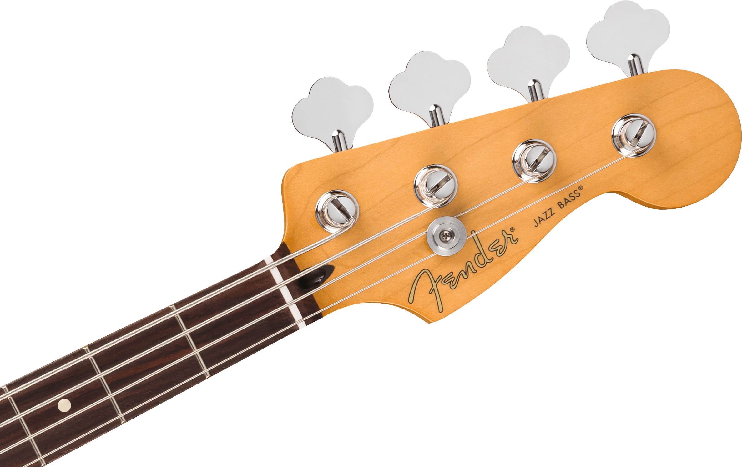 Tête de basse électrique en bois clair avec quatre mécaniques chromées, touche foncée et logo Fender Jazz Bass inscrit.