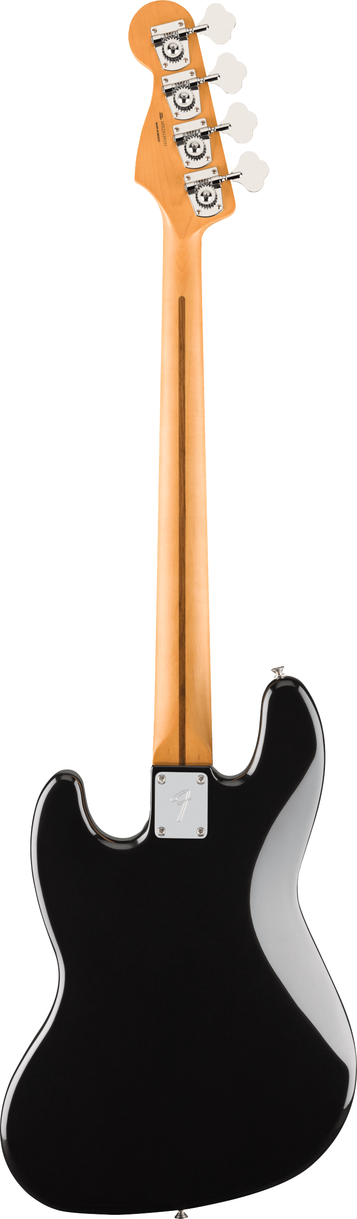 Black bass guitar shown from the back, featuring a natural wood neck with four tuning pegs and a chrome neck plate engraved with an "F".