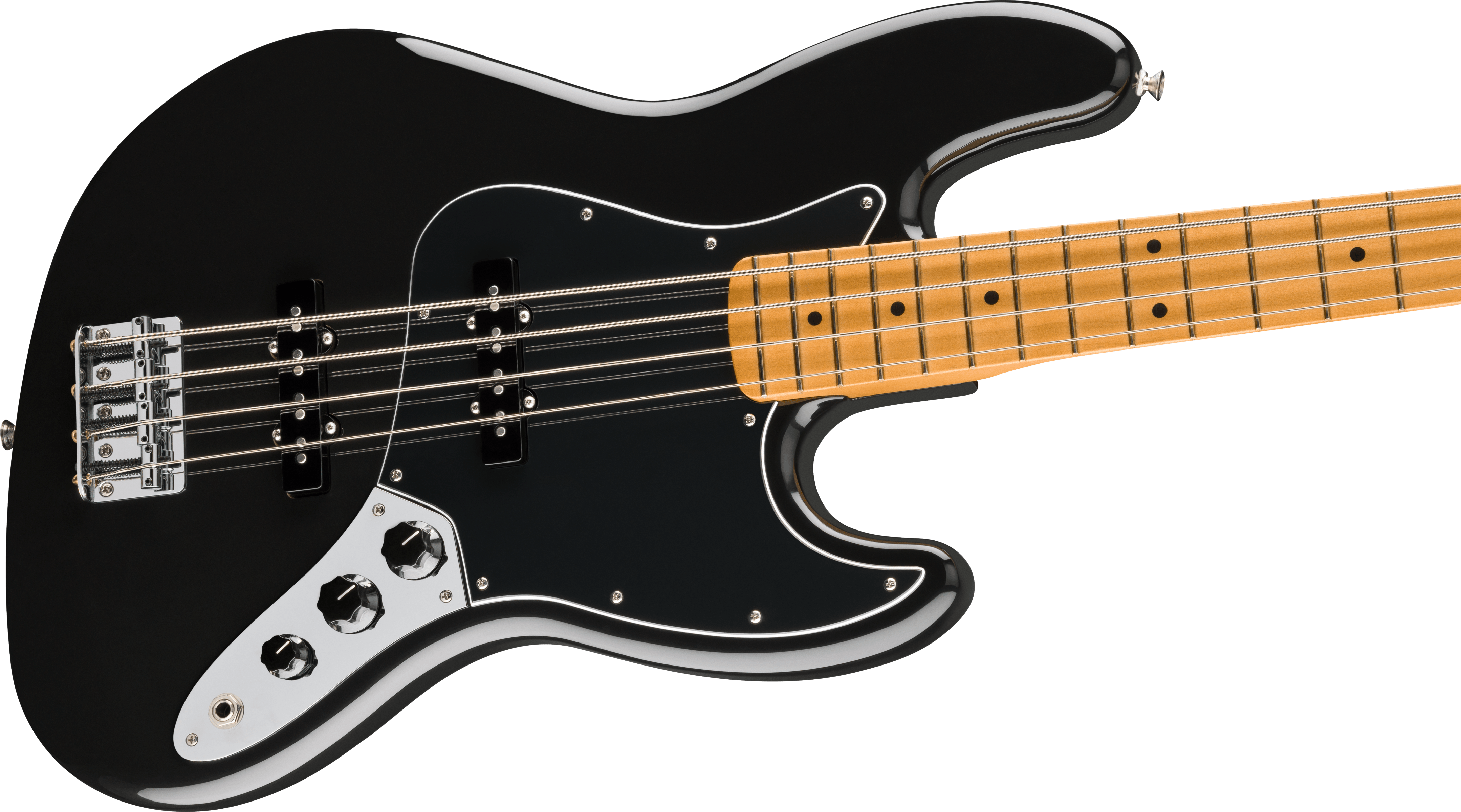 Black bass guitar with a light wood neck, four metal strings, three control knobs, and a shiny black pickguard with chrome hardware.