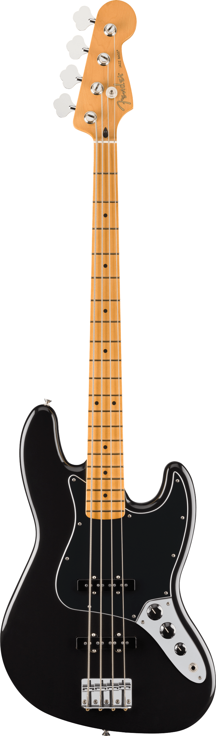 Black Fender Jazz Bass guitar with a maple neck, four strings, black pickguard, and chrome control knobs.