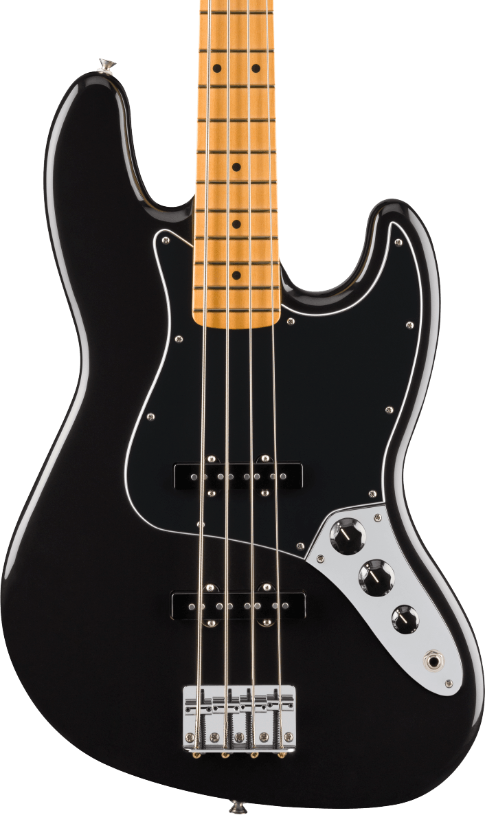 Black electric bass guitar with a maple neck, four strings, black pickguard, two pickups, and three control knobs on a chrome plate.