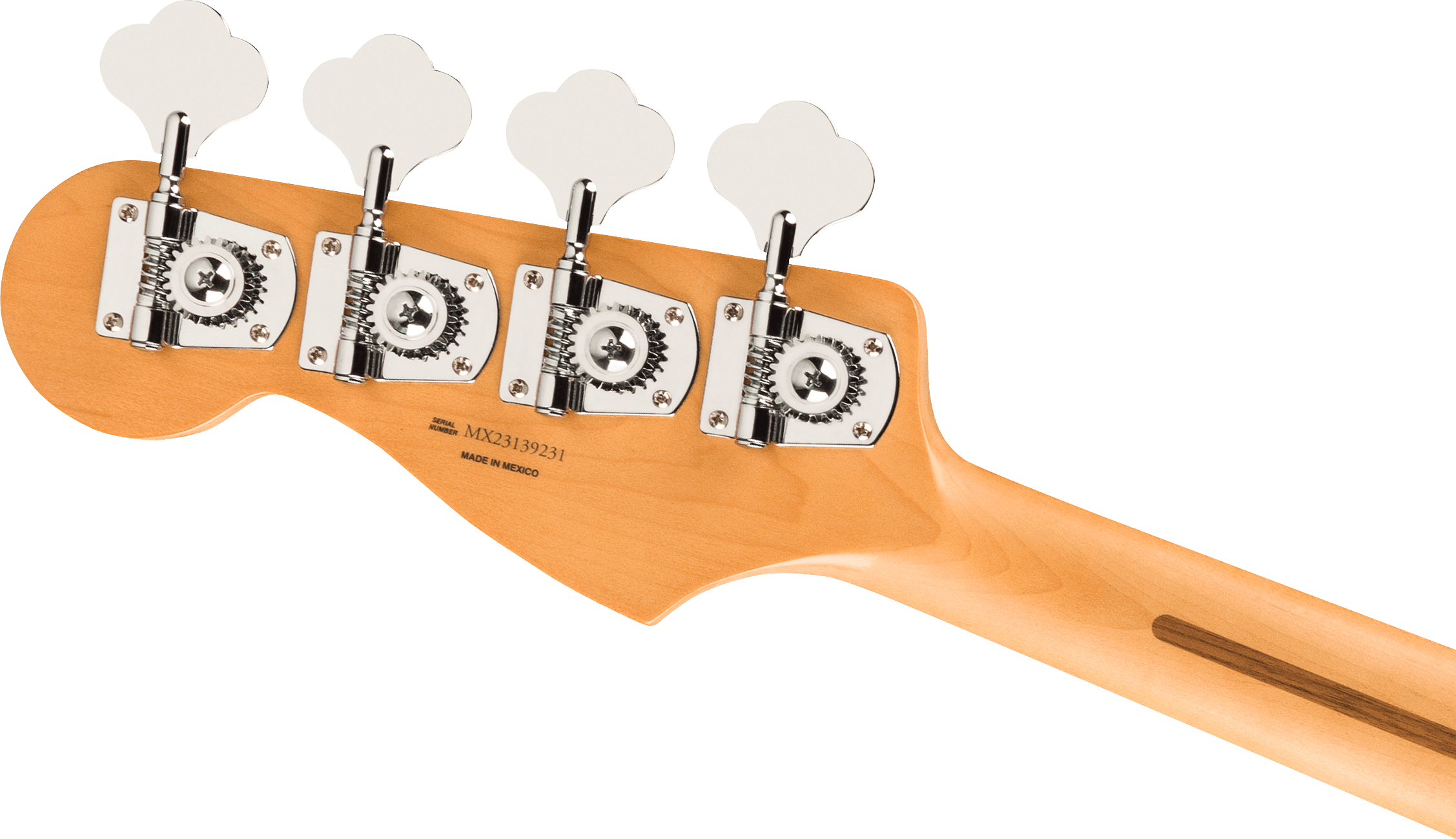 Four large chrome tuning pegs on a light wood bass guitar headstock, labeled Made in Mexico with a visible serial number.