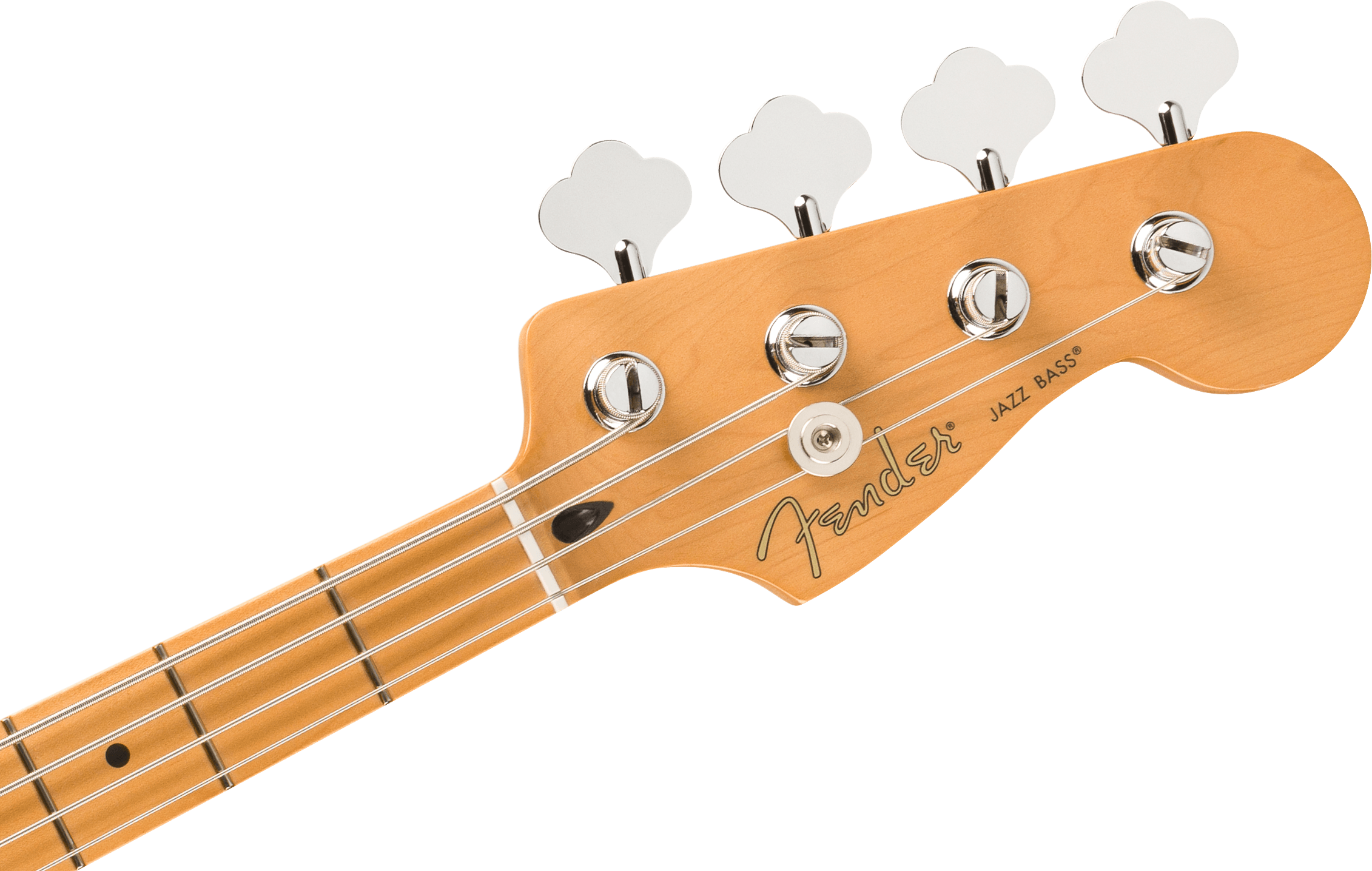 Light wood Fender Jazz Bass headstock with four metal tuning pegs, strings, and black dot inlays on a maple fretboard.