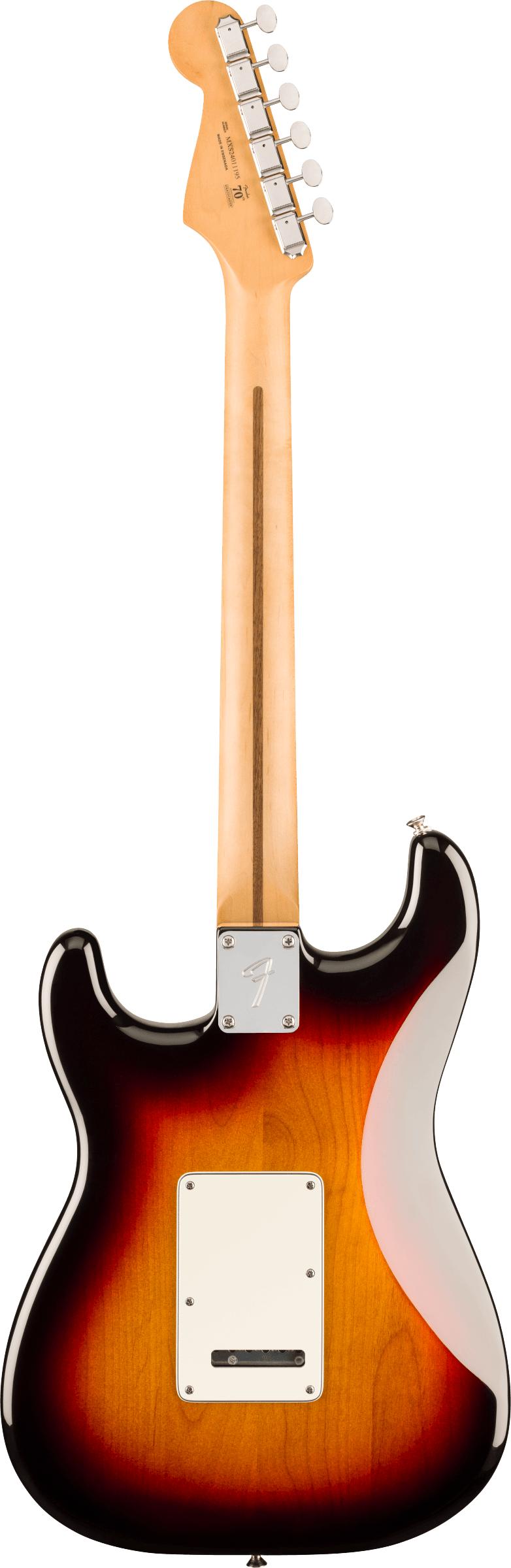 Sunburst electric guitar shown from the back, light wood neck with a stripe, white plate on the body, and chrome tuners on the headstock.