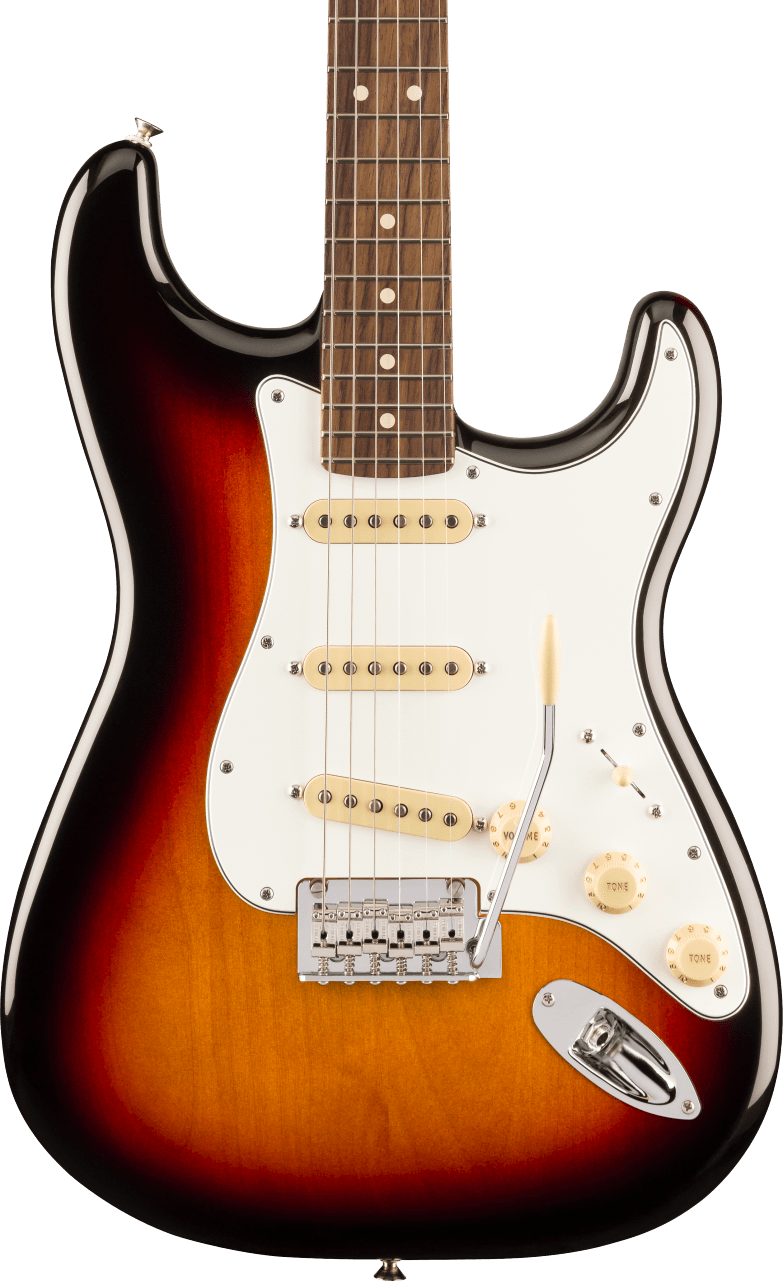 Sunburst electric guitar with a white pickguard, three single-coil pickups, five control knobs, and a whammy bar.