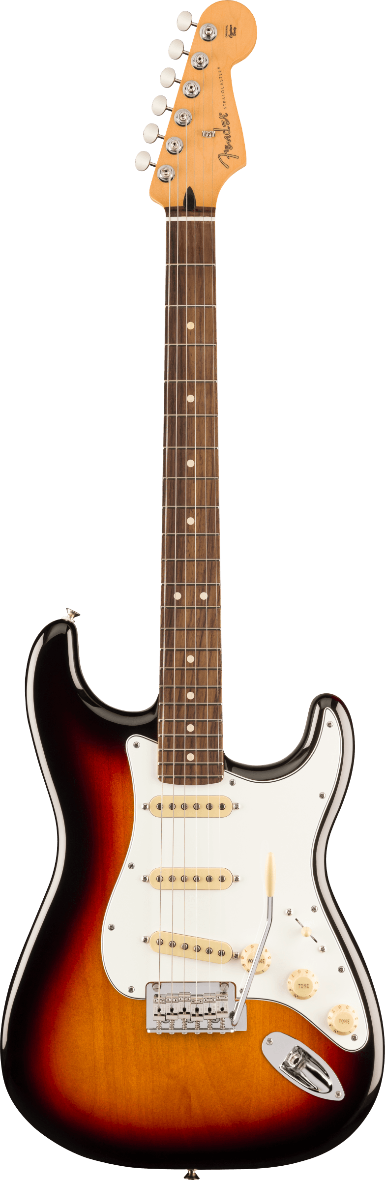 Sunburst electric guitar with a white pickguard, three single-coil pickups, five-way switch, and six tuning pegs on a maple headstock.