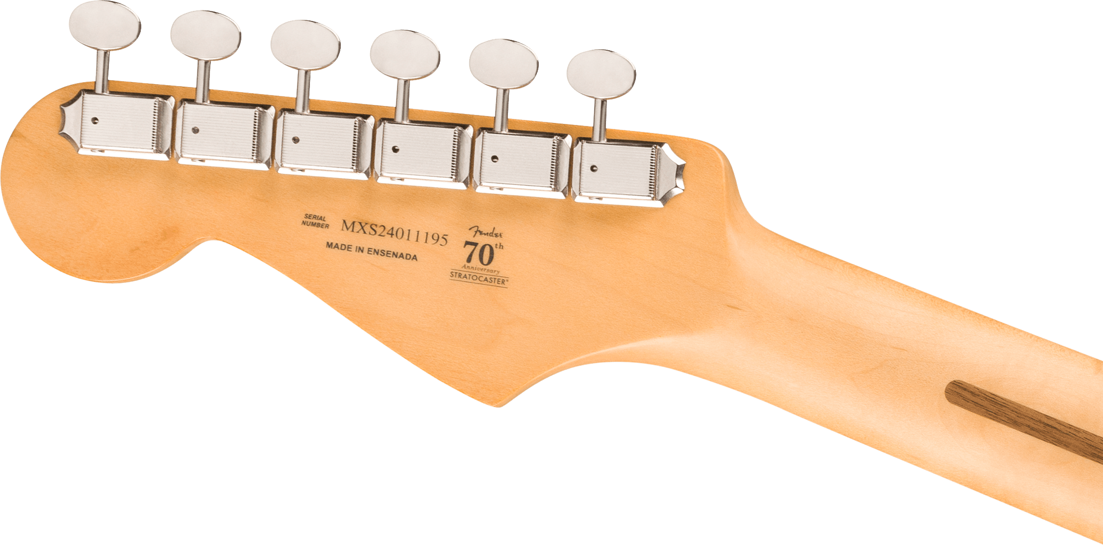 Six tuning pegs on a light wood electric guitar headstock, stamped with “70th Anniversary Stratocaster” and serial number.